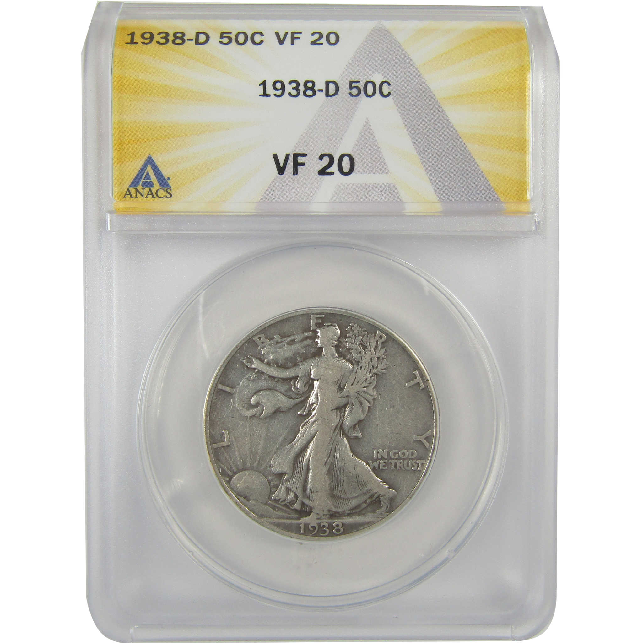 1938 D Liberty Walking Half Dollar VF 20 ANACS Silver SKU:I20853