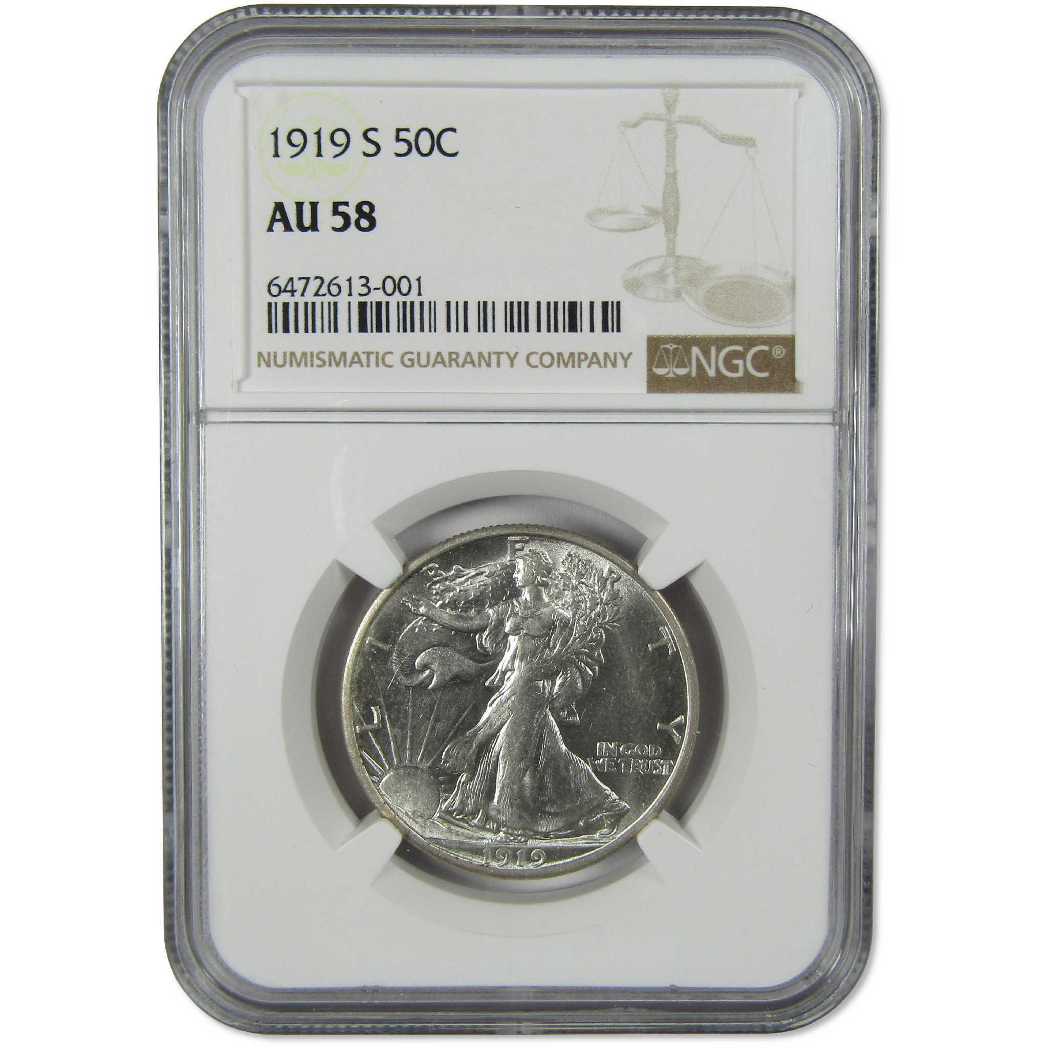 1919 S Liberty Walking Silver Half Dollar AU 58 NGC 50c Coin