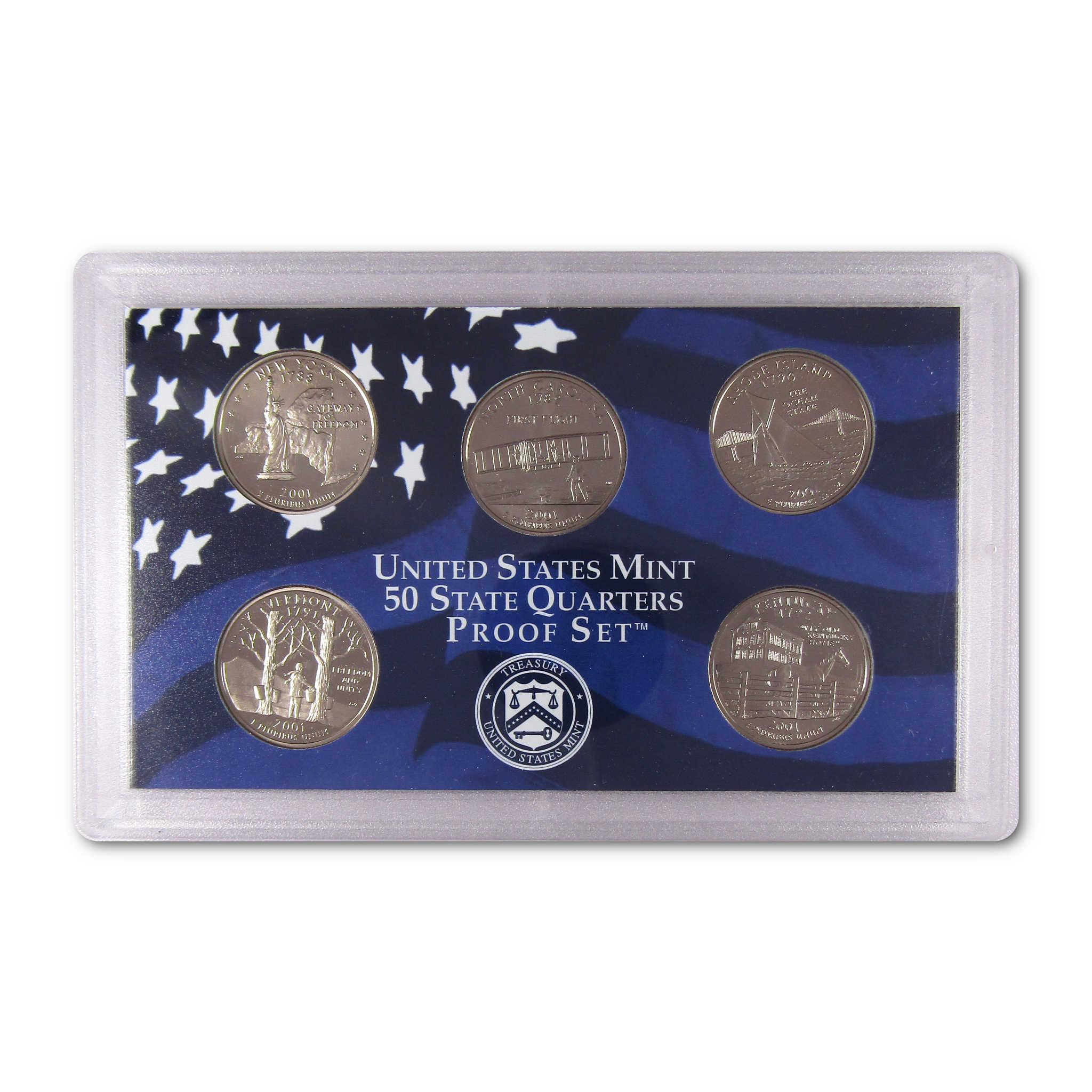 United States Mint 50 State Quarters Proof Set in display case, collectible coins