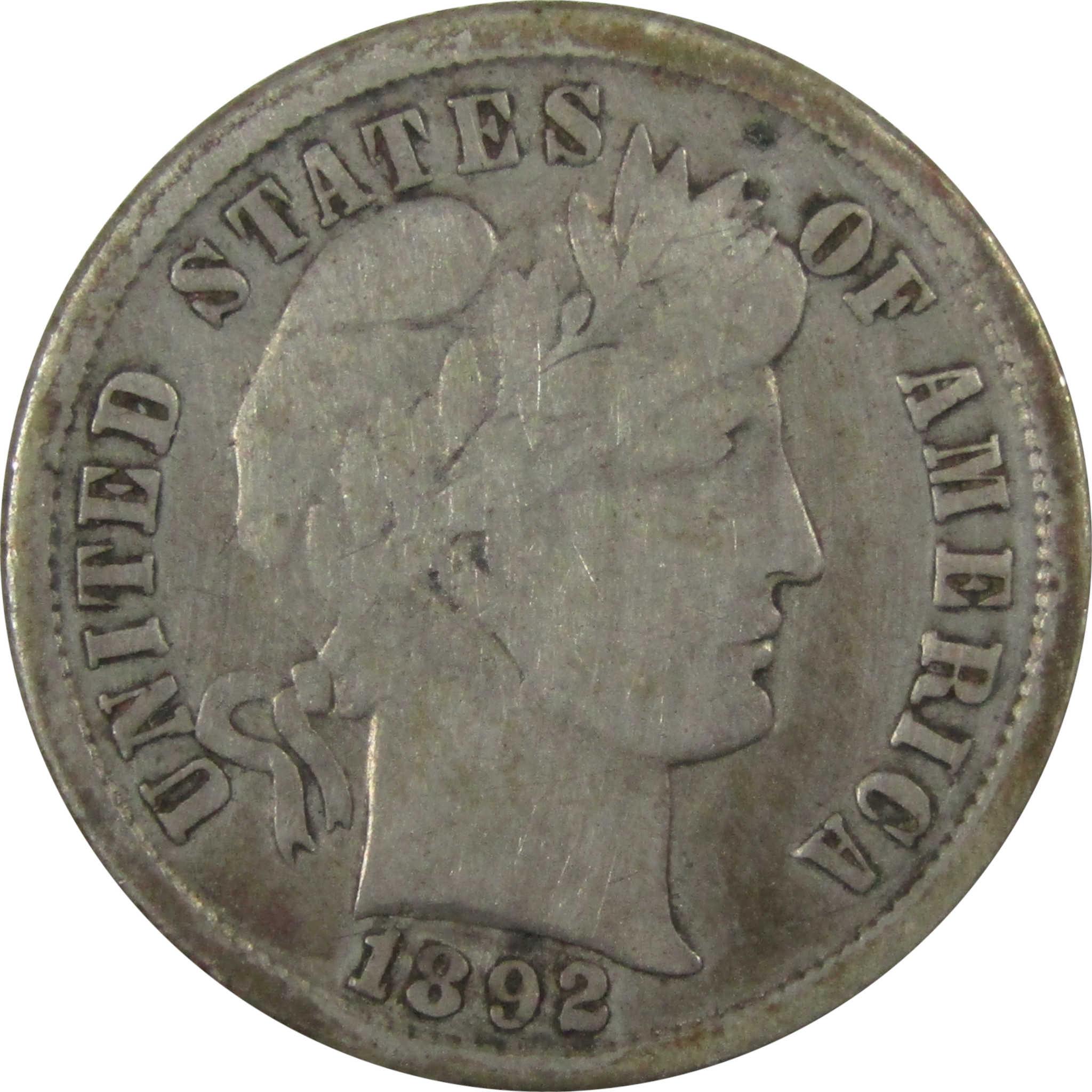 1892 Barber Silver Dime VG Very Good 10c Coin Collectible SKU:CP1350
