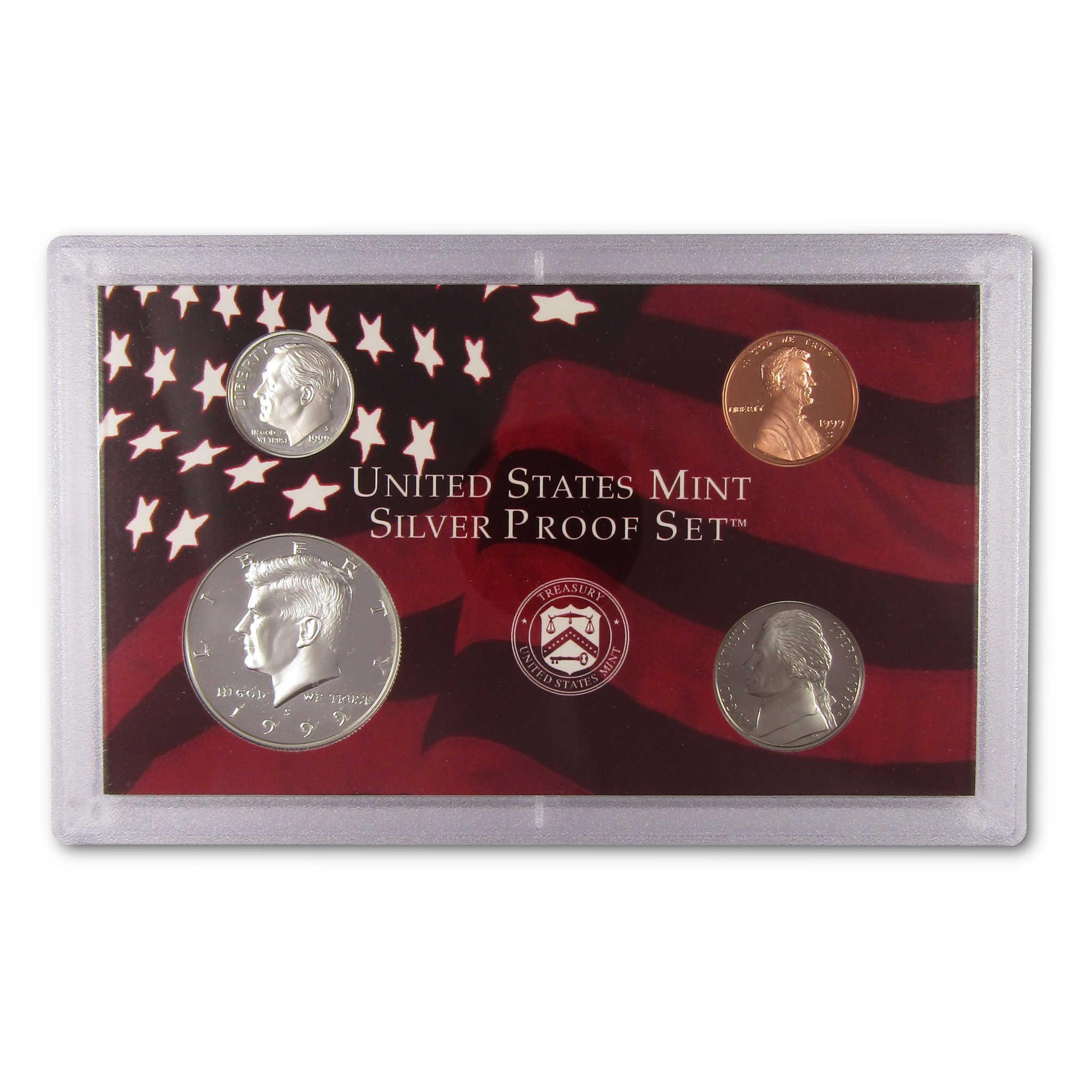 United States Mint silver proof coin set in protective case with patriotic background