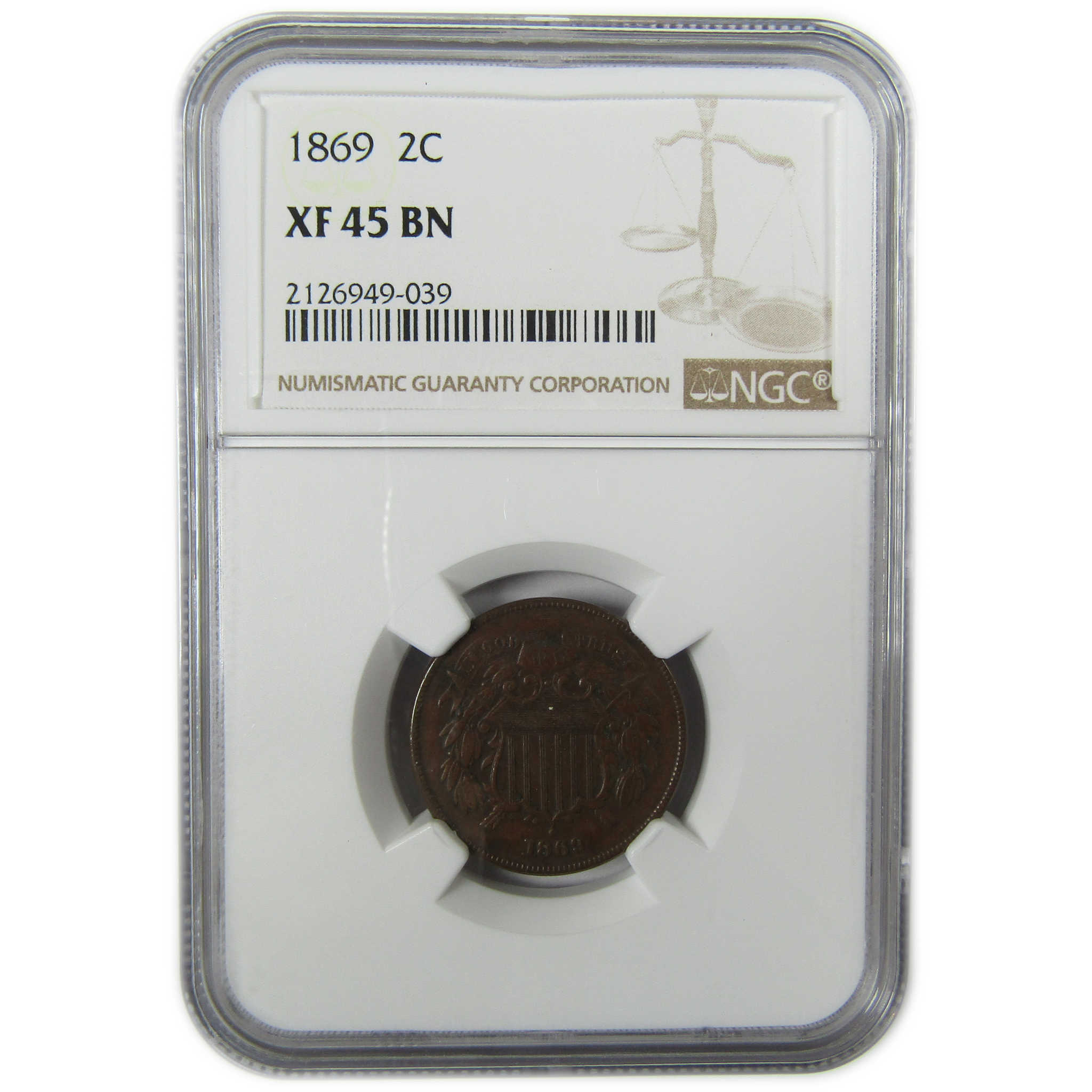 1869 Two Cent Piece XF 45 BN NGC 2c Coin Collectible SKU:CP1542