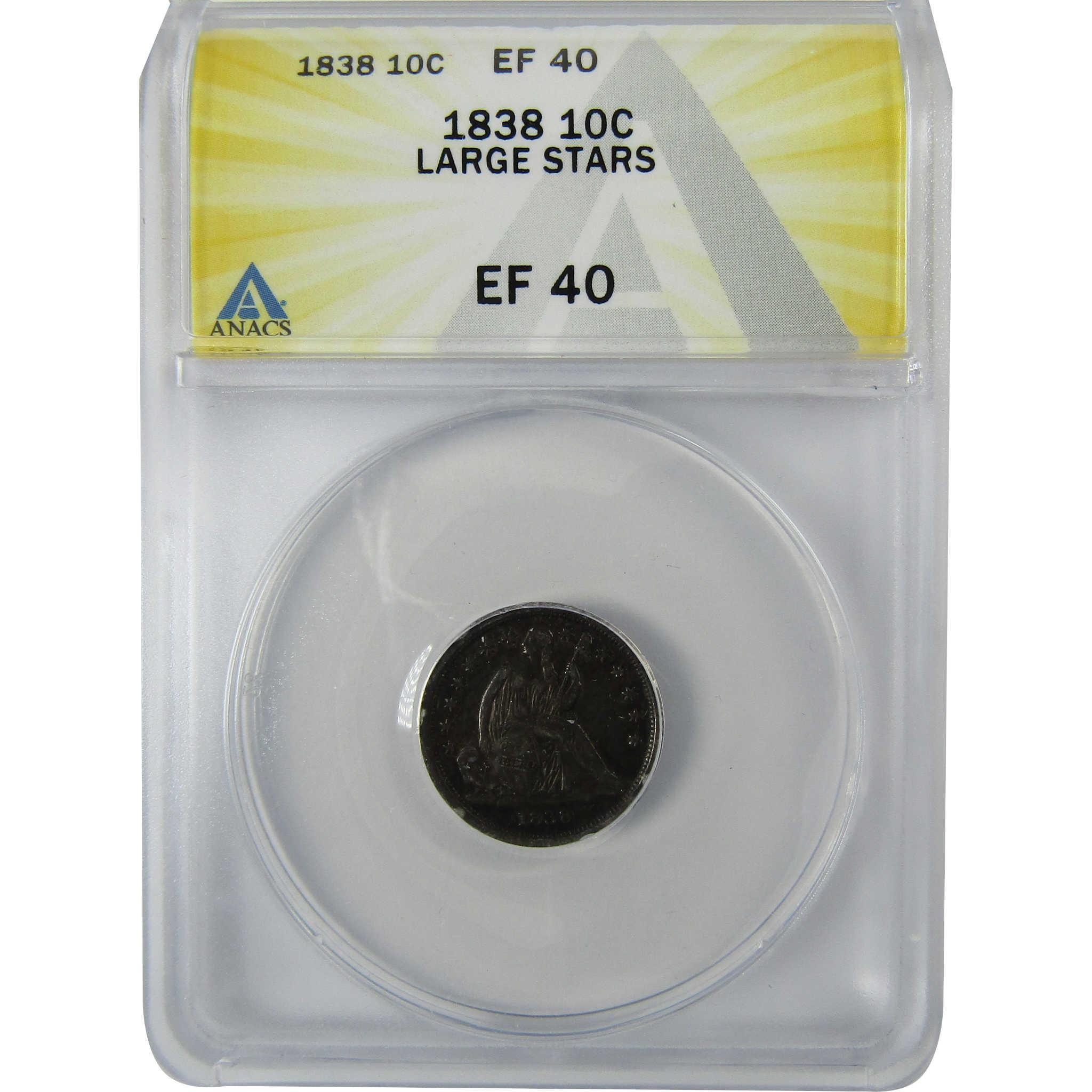 1838 Large Stars Seated Liberty Silver Dime EF 40 ANACS SKU:CP805