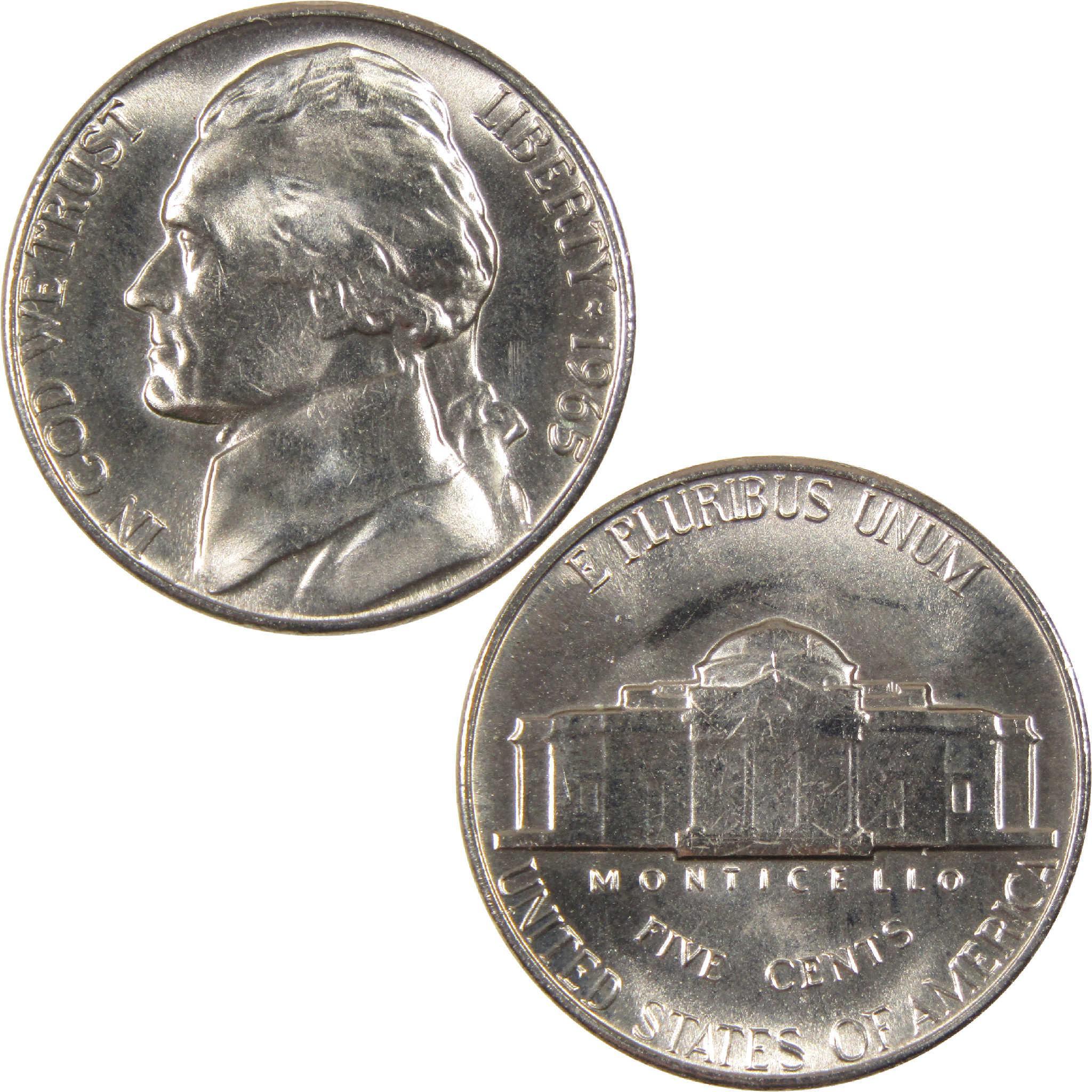 1965 Jefferson nickel collectible coin, obverse portrait and Monticello reverse