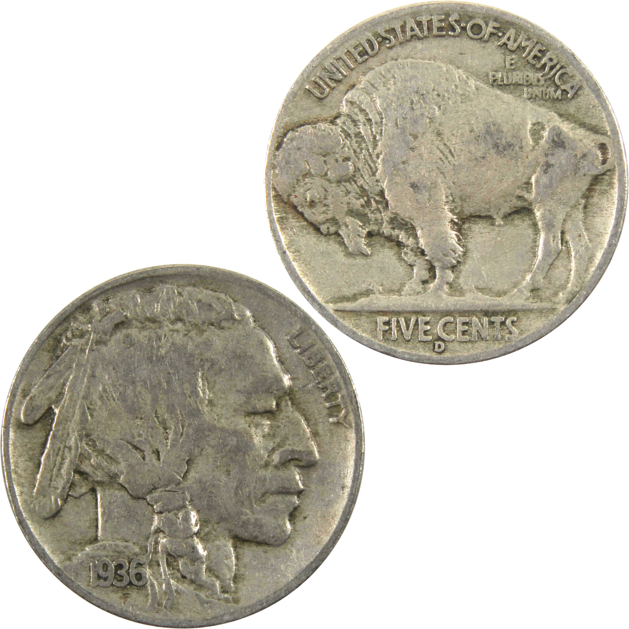 1936 D Indian Head Buffalo Nickel F Fine 5c Coin
