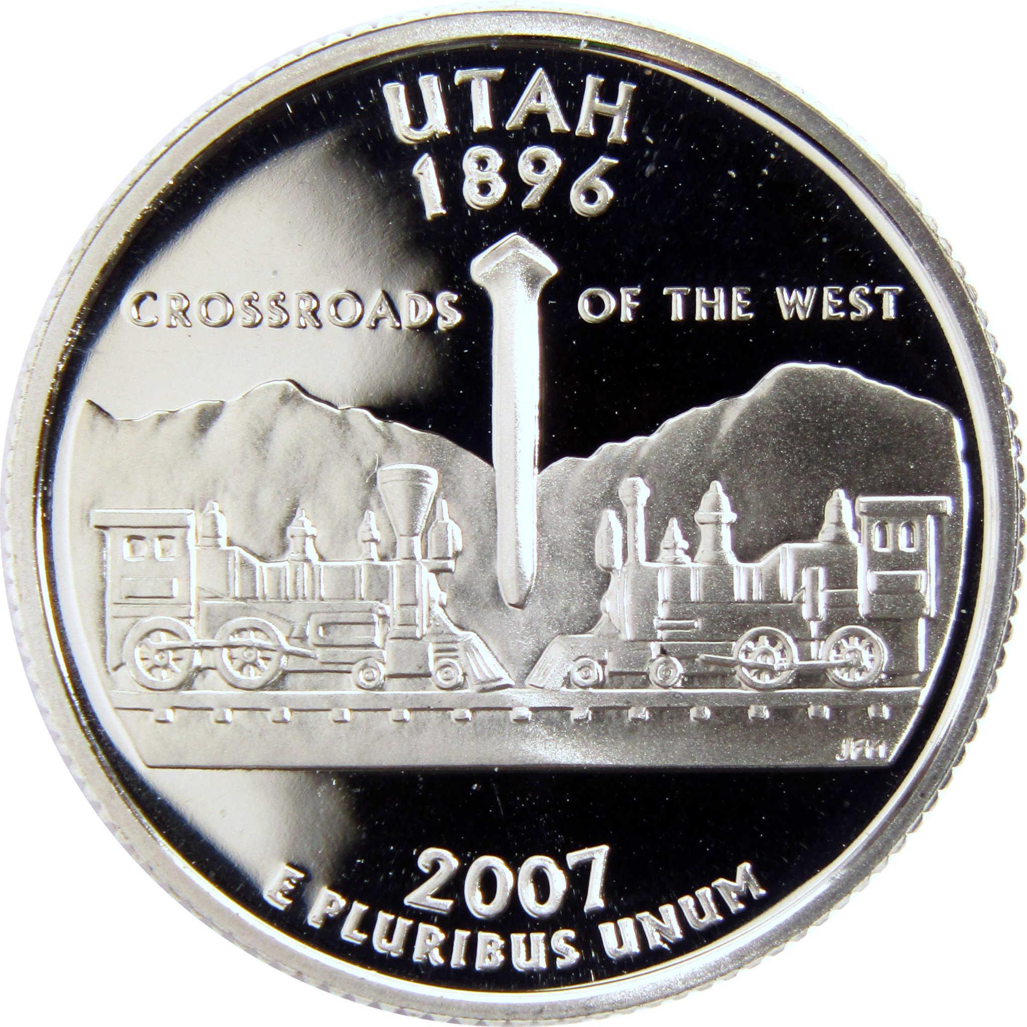 2007 Utah state quarter collectible coin with trains, golden spike, and mountain background