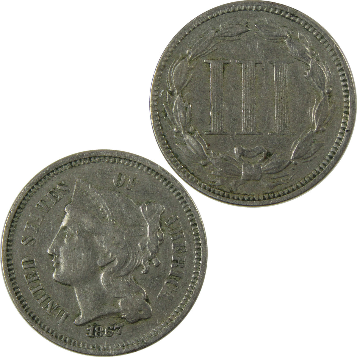 1867 Nickel Three Cent Piece VF Very Fine 3c Coin SKU:I28513