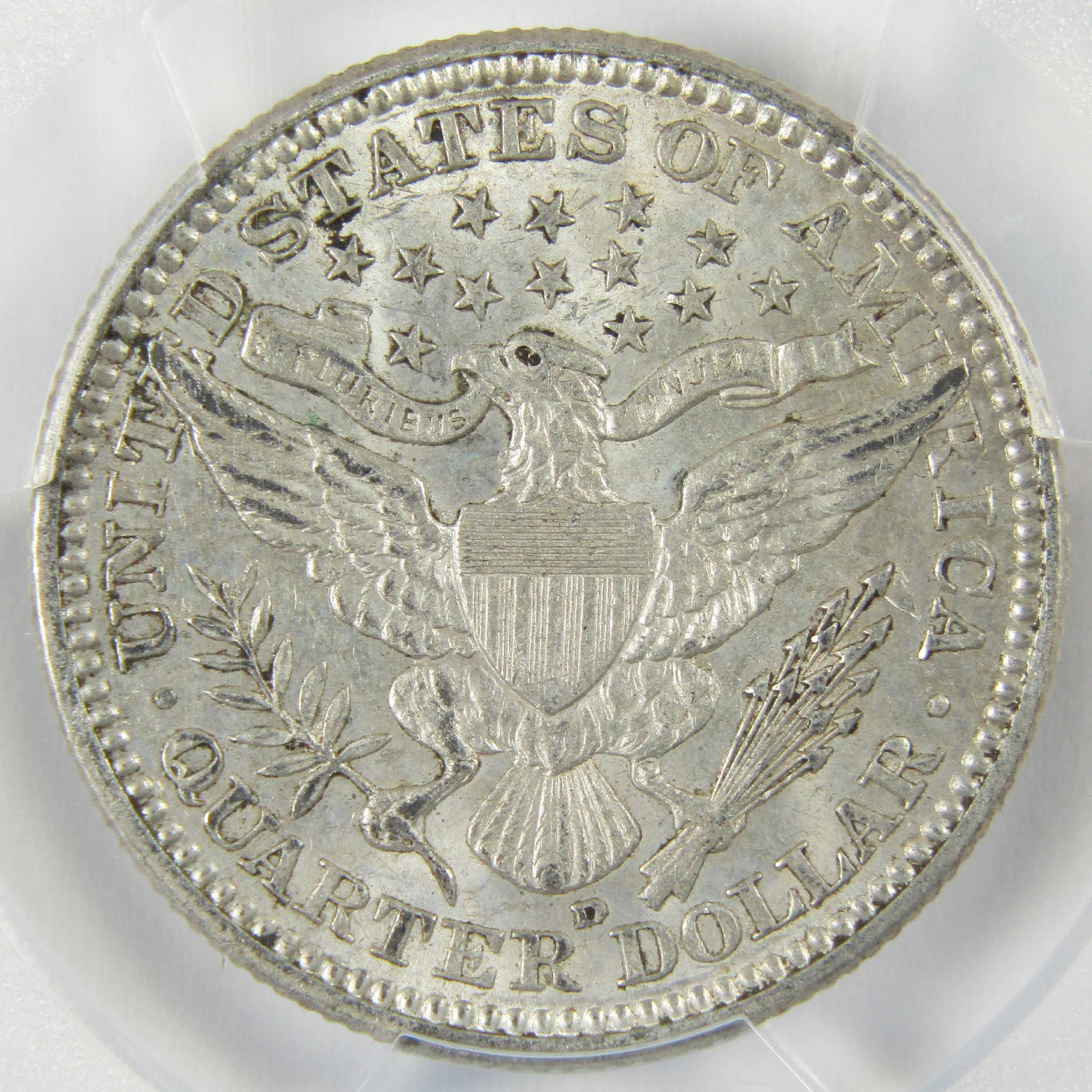 1907 D Barber Silver Quarter AU 58 PCGS 25c Coin Collectible