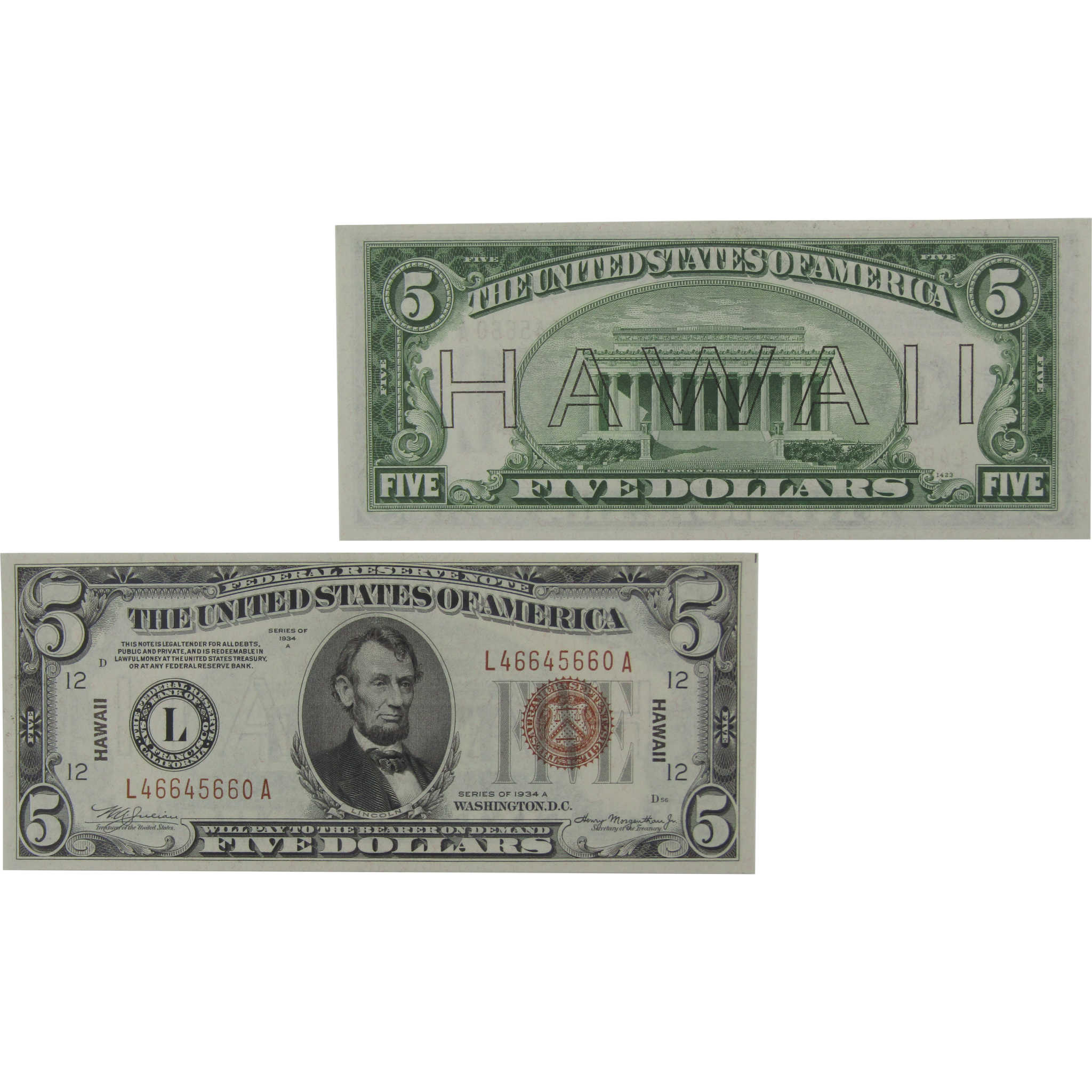 1934 A $5 Federal Reserve Note Hawaii WWII Fr 2302 AU About Unc
