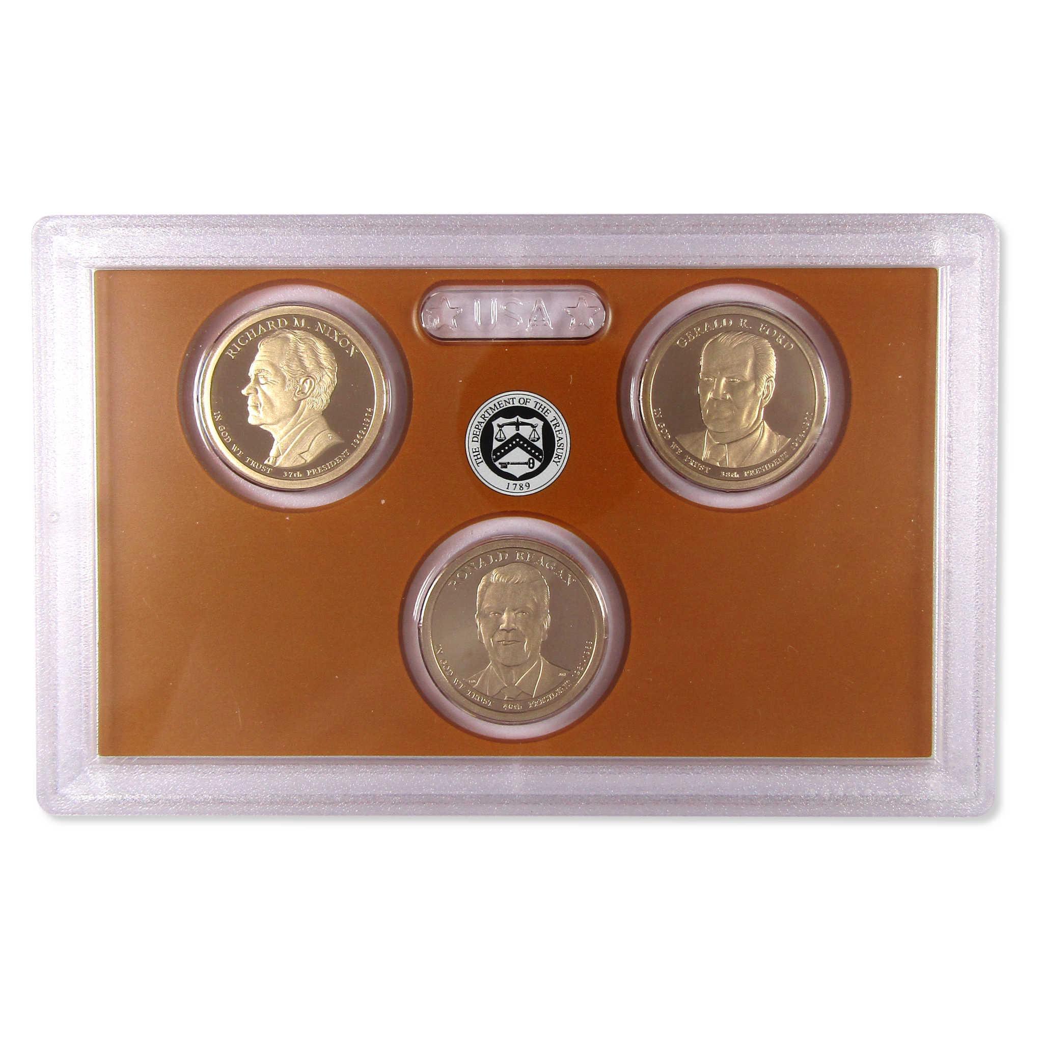 Presidential dollar coin set in protective case featuring Nixon, Ford, and Reagan coins