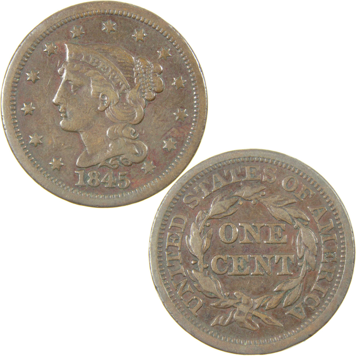 1845 Braided Hair Copper Large Cent VF Very Fine Penny 1c Coin