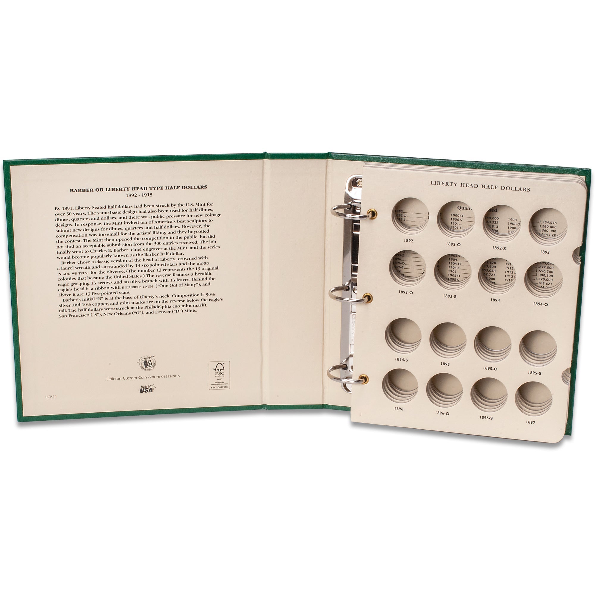 1892-1915 Barber Half Dollar Coin Album Littleton Coin Company