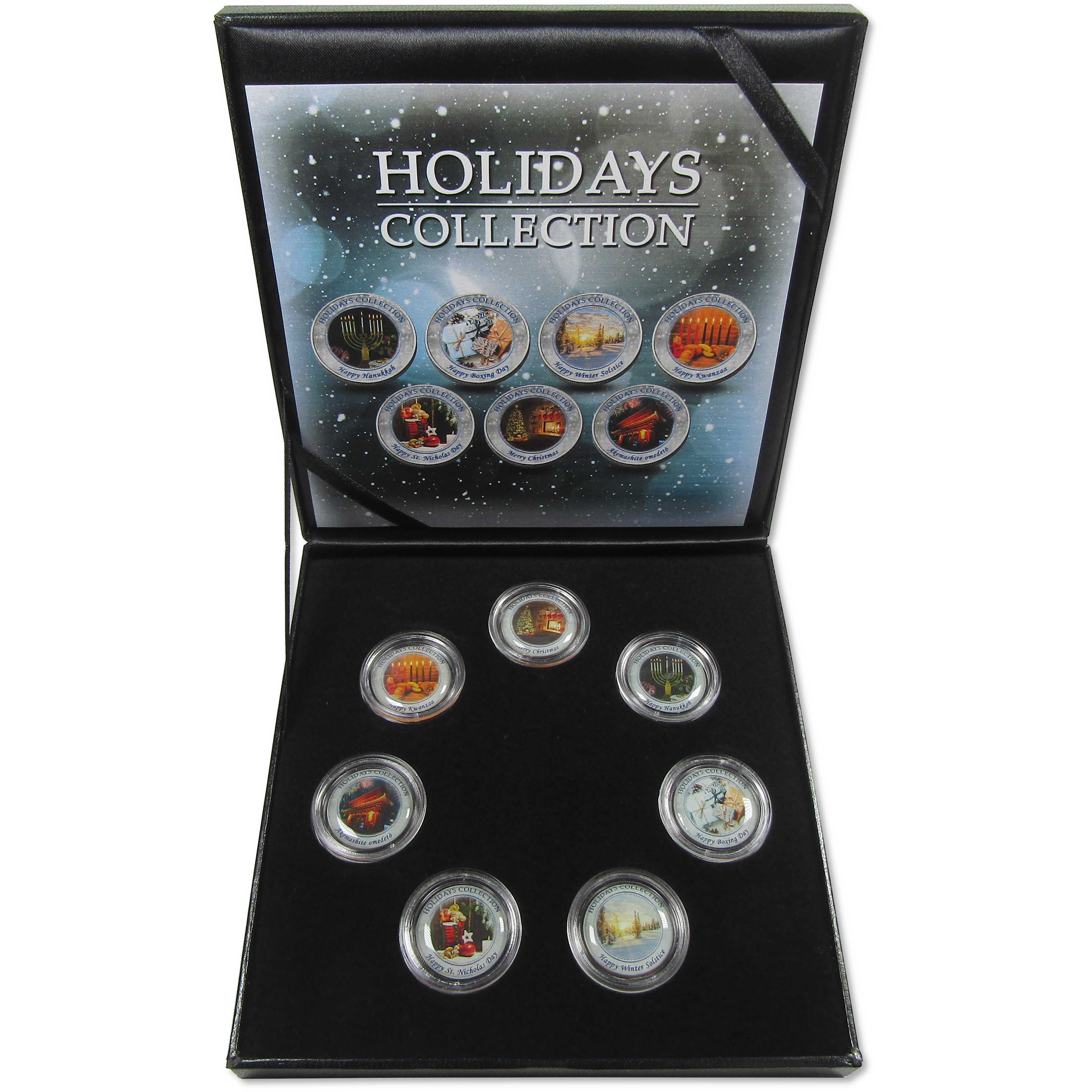 Happy Holidays 7 Coin Colorized Quarter Collection with Display Case
