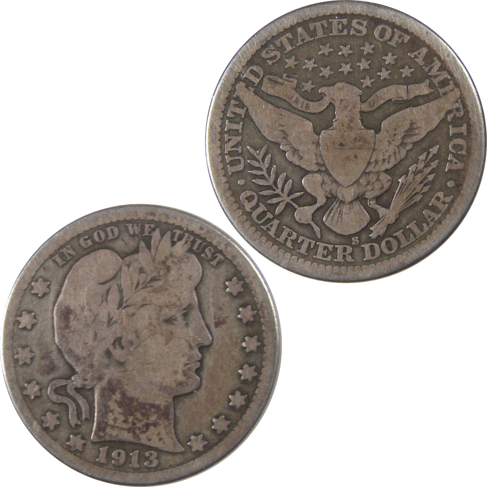 1913 S Barber Quarter VG Very Good Silver 25c Coin SKU:I18007