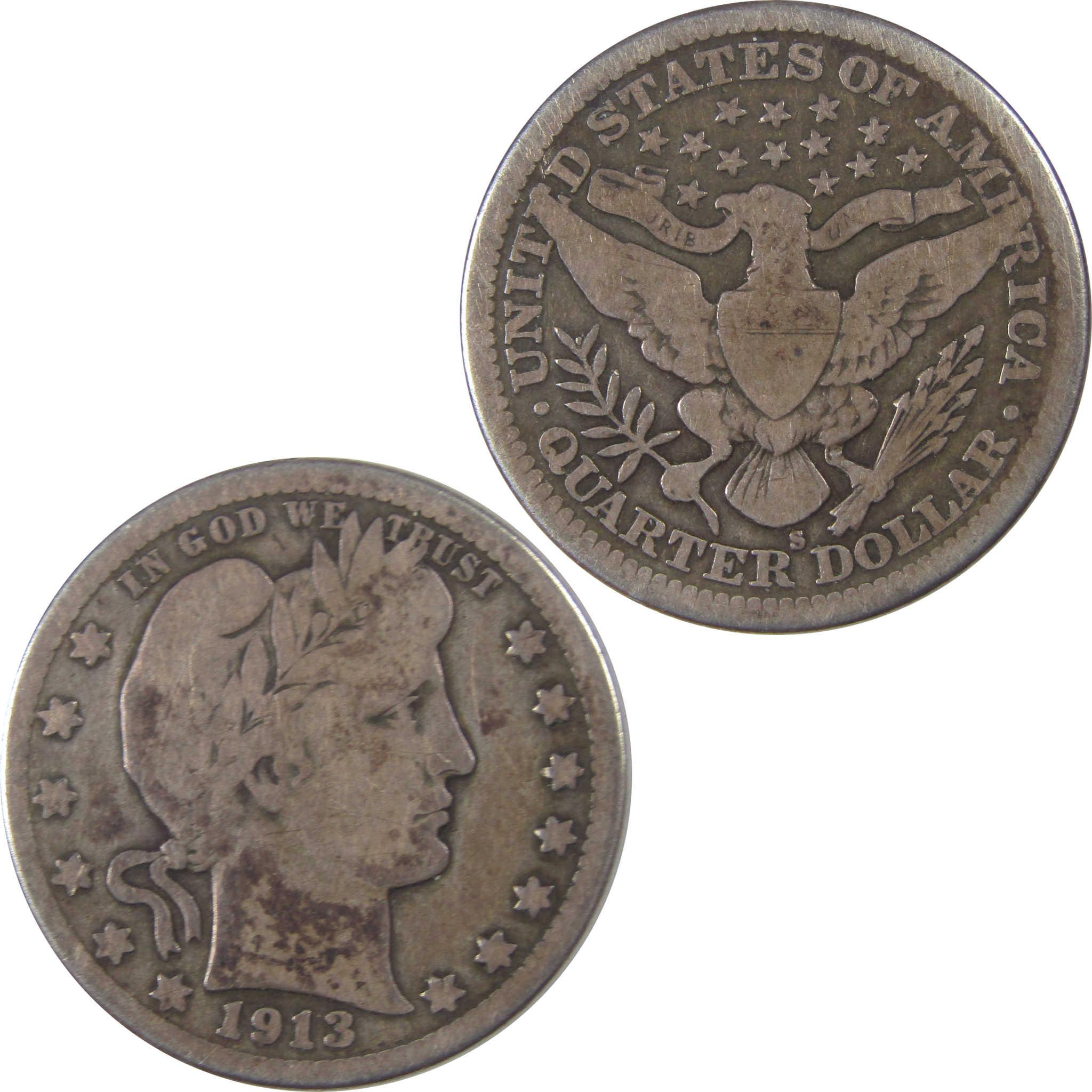 1913 S Barber Quarter VG Very Good Silver 25c Coin SKU:I18007