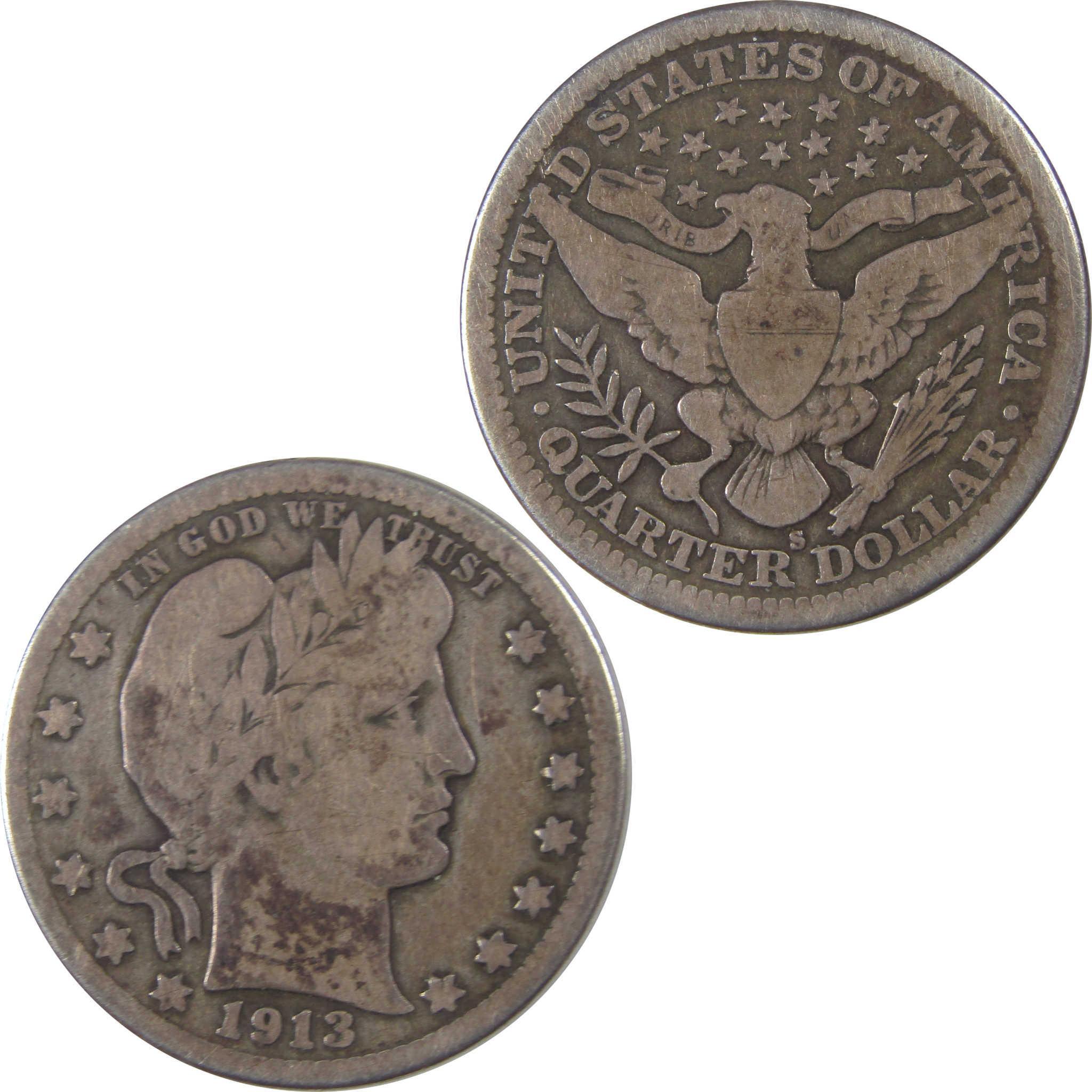1913 S Barber Quarter VG Very Good Silver 25c Coin SKU:I18007