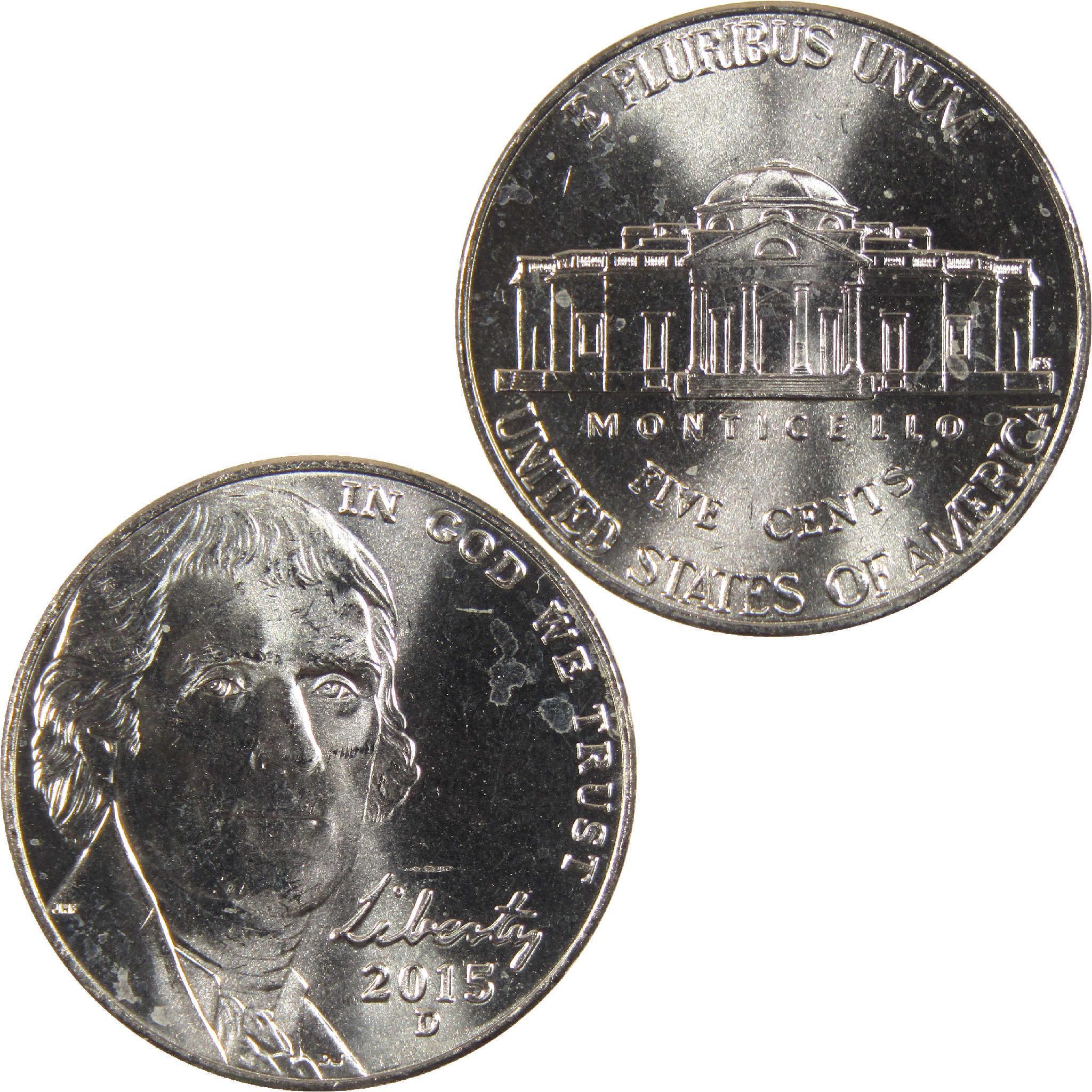 2015 Jefferson nickel showing Monticello and Jefferson portrait, collectible US coin