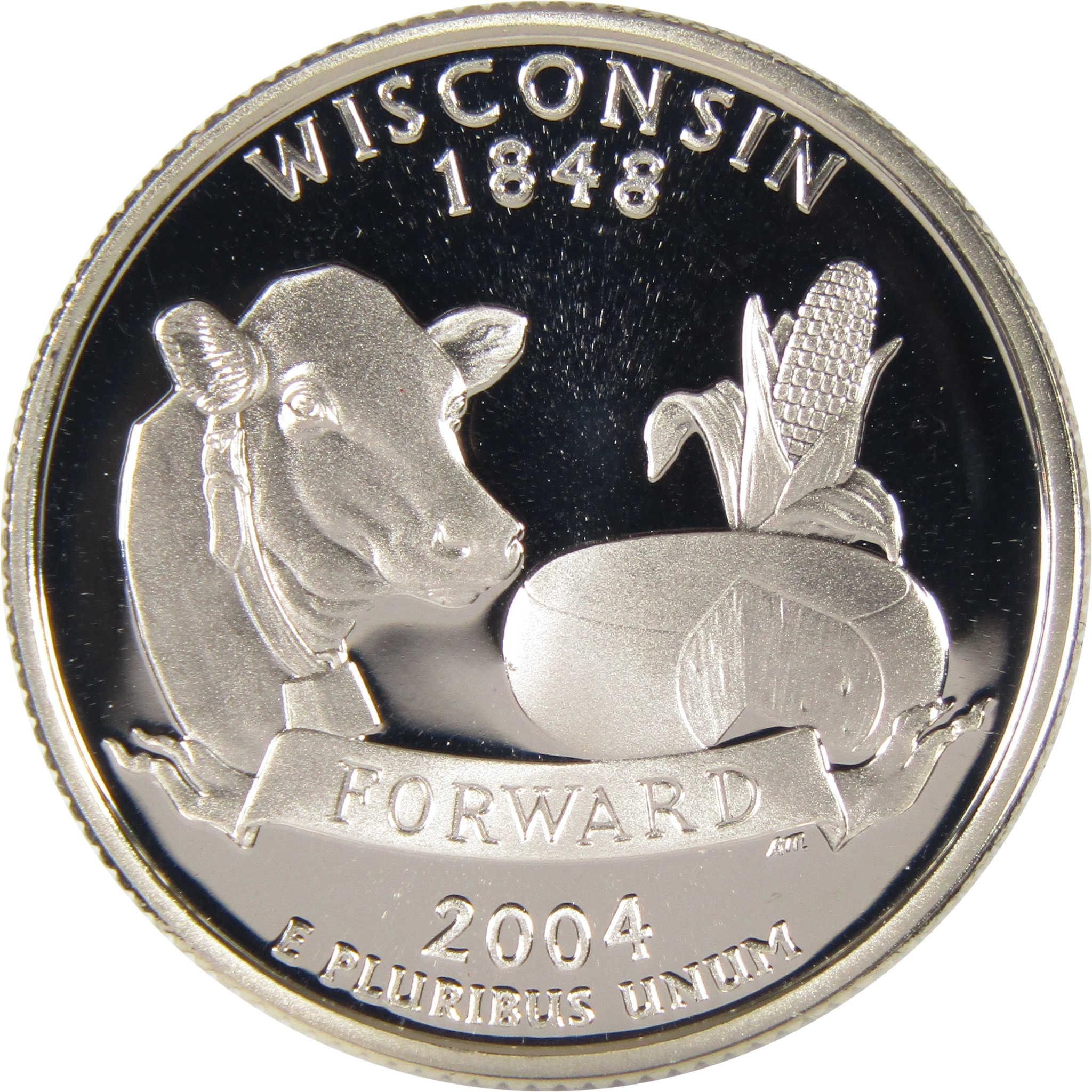 Wisconsin state quarter 2004 collectible coin showing cow, cheese, and corn design