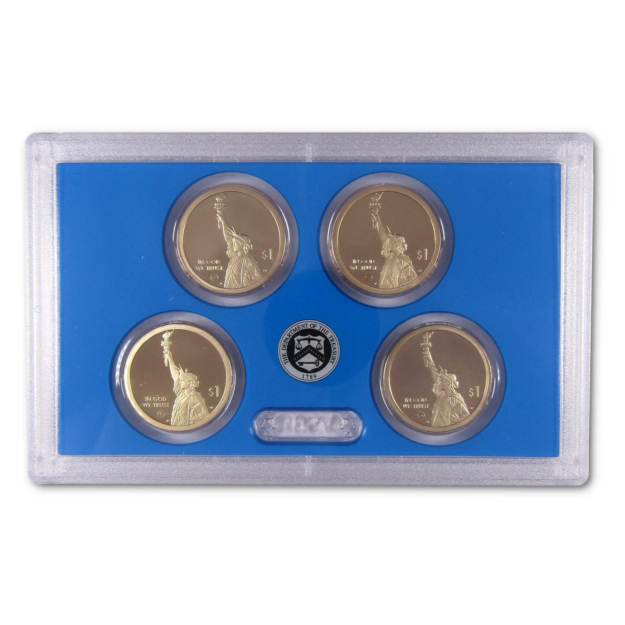 Collectible US dollar coin set with Lady Liberty design in blue display case