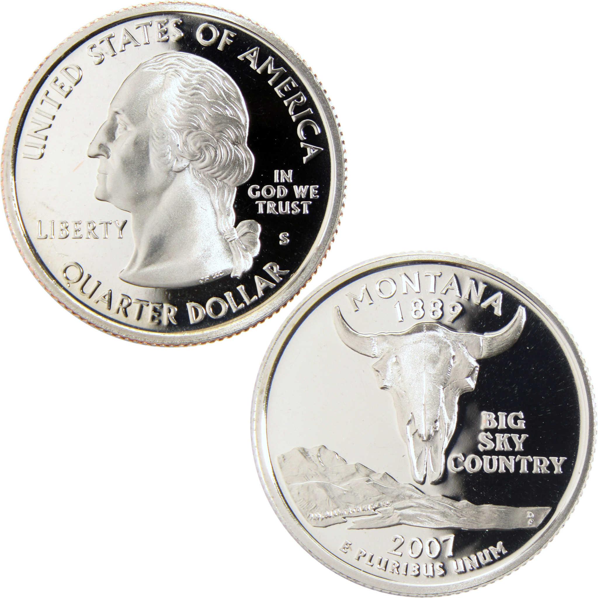 Montana state quarter dollar coin, 2007, featuring bison skull and George Washington profile.