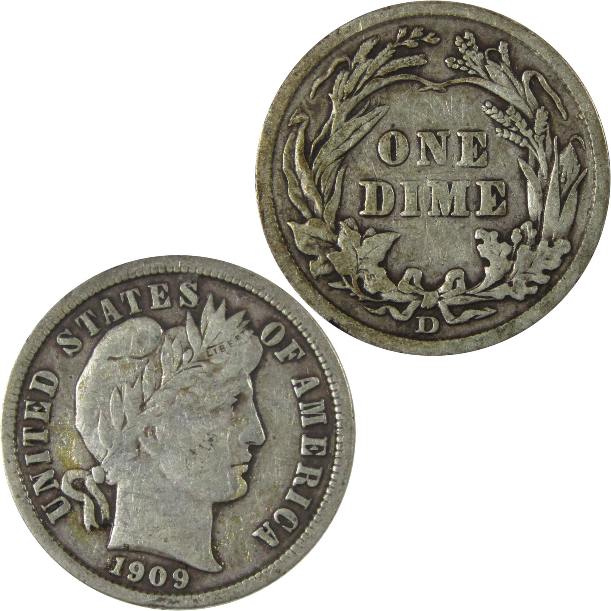 1909 D Barber Silver Dime F Fine Details 10c Coin SKU:CP1007