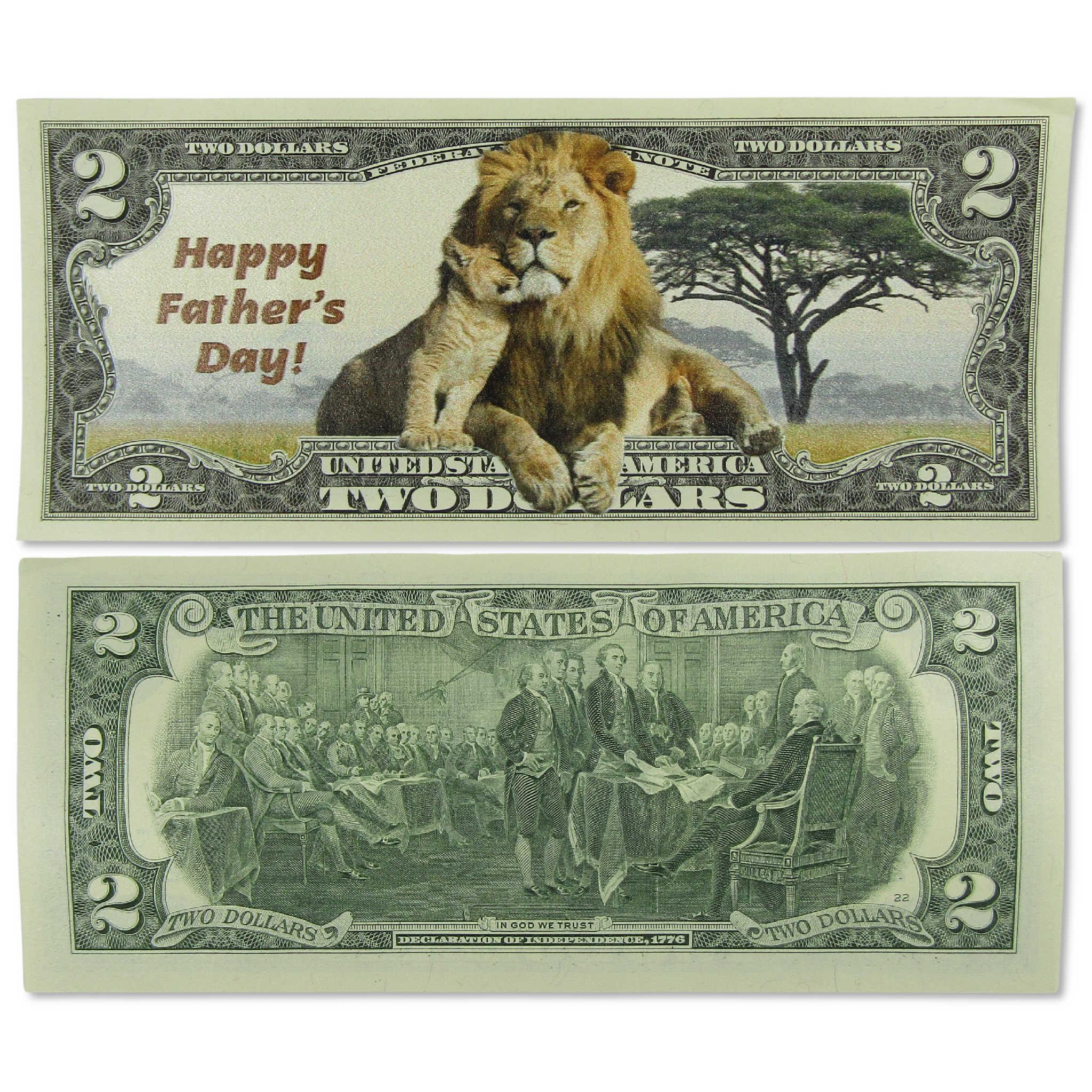 Happy Father's Day Lion with Cub Colorized $2 Federal Reserve Note