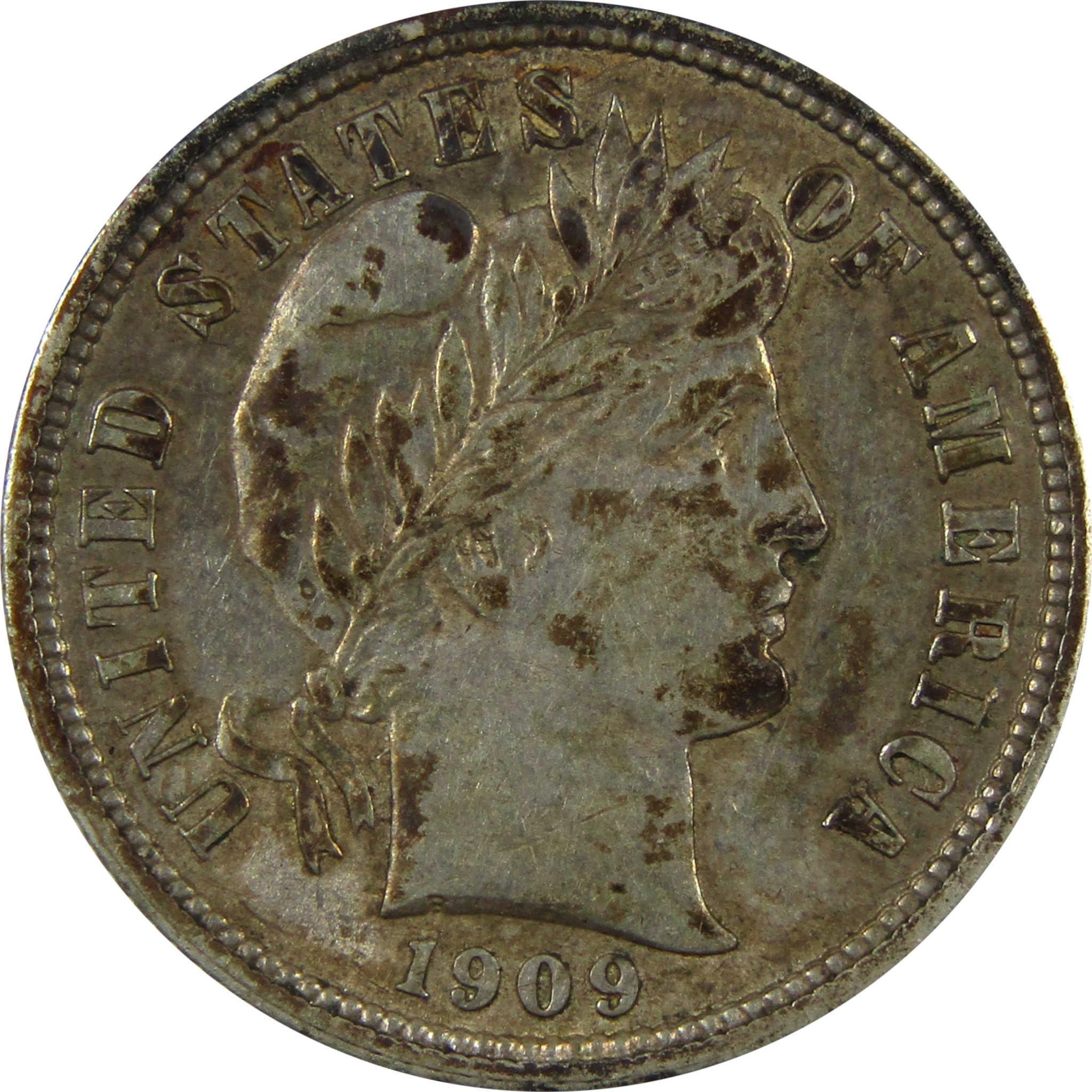 1909 Barber Silver Dime AU About Uncirculated 10c Coin SKU:CP1340