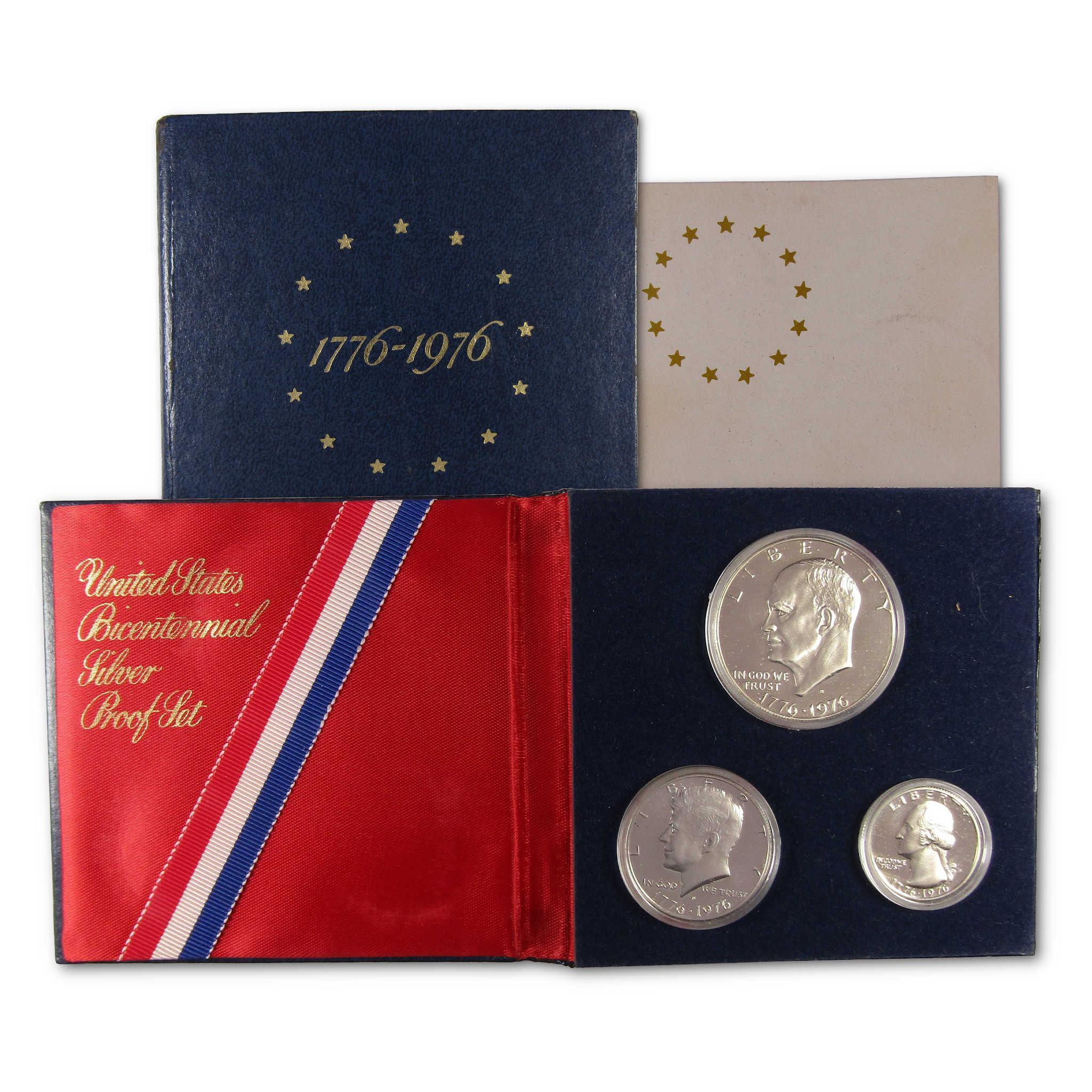 United States Bicentennial Silver Proof Set 1776-1976 with three collectible coins in display case.