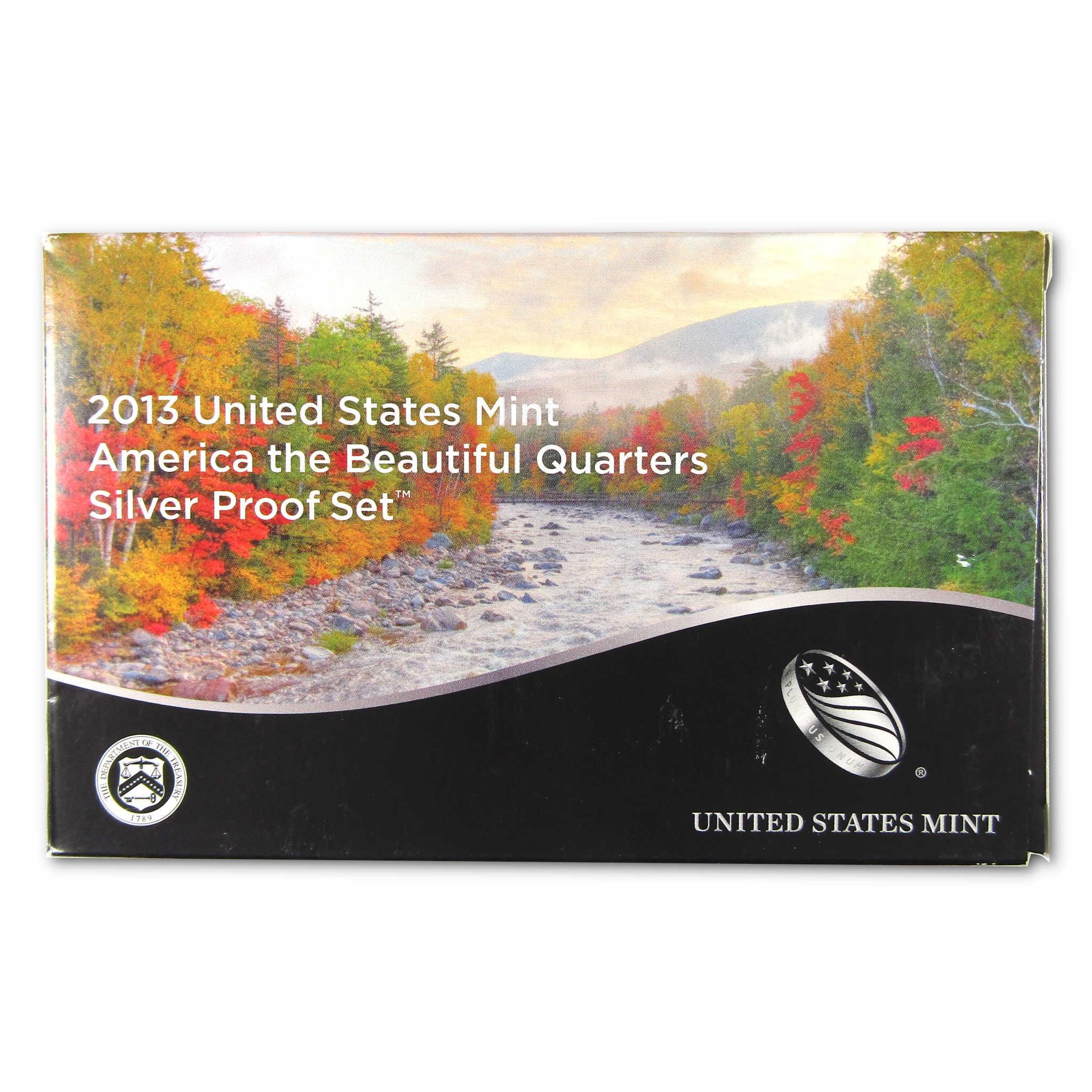 2013 United States Mint America the Beautiful Quarters Silver Proof Set box with scenic river and autumn trees