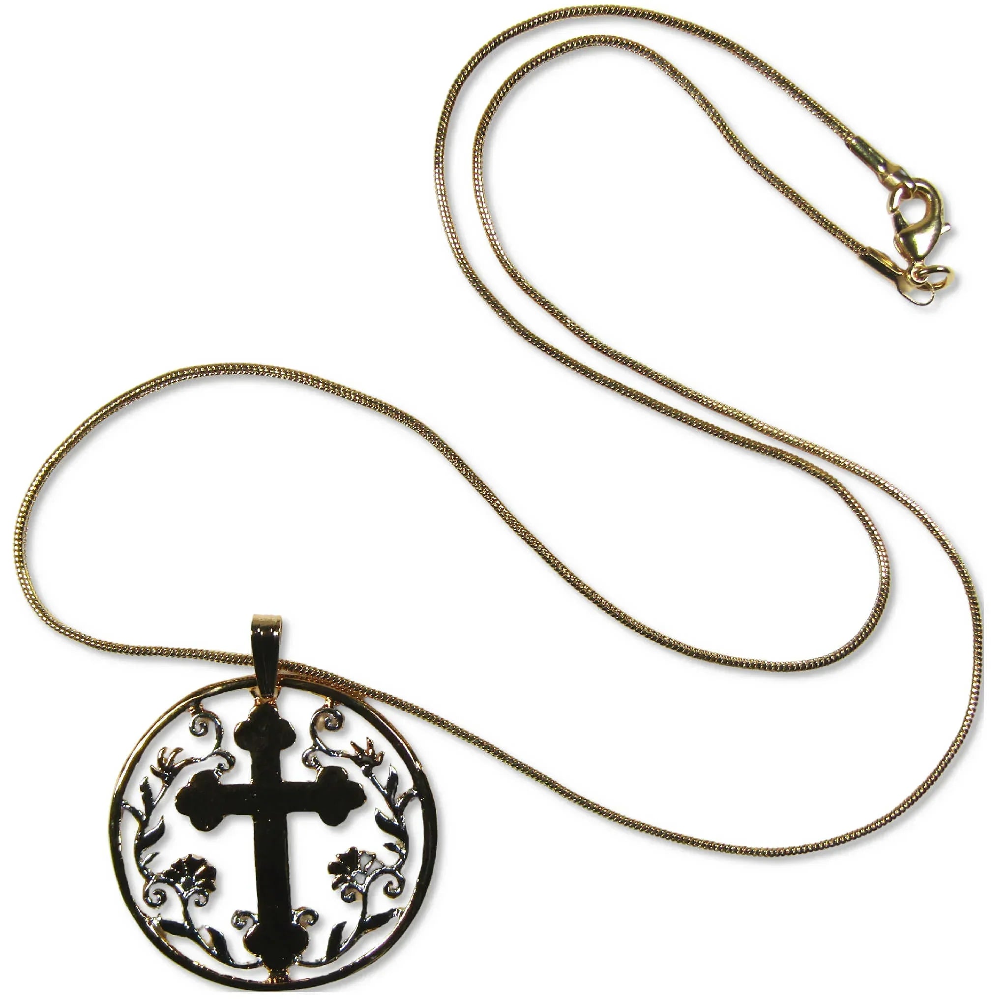 Cross with Flowers Cut Coin Necklace with Gold-Plated Chain