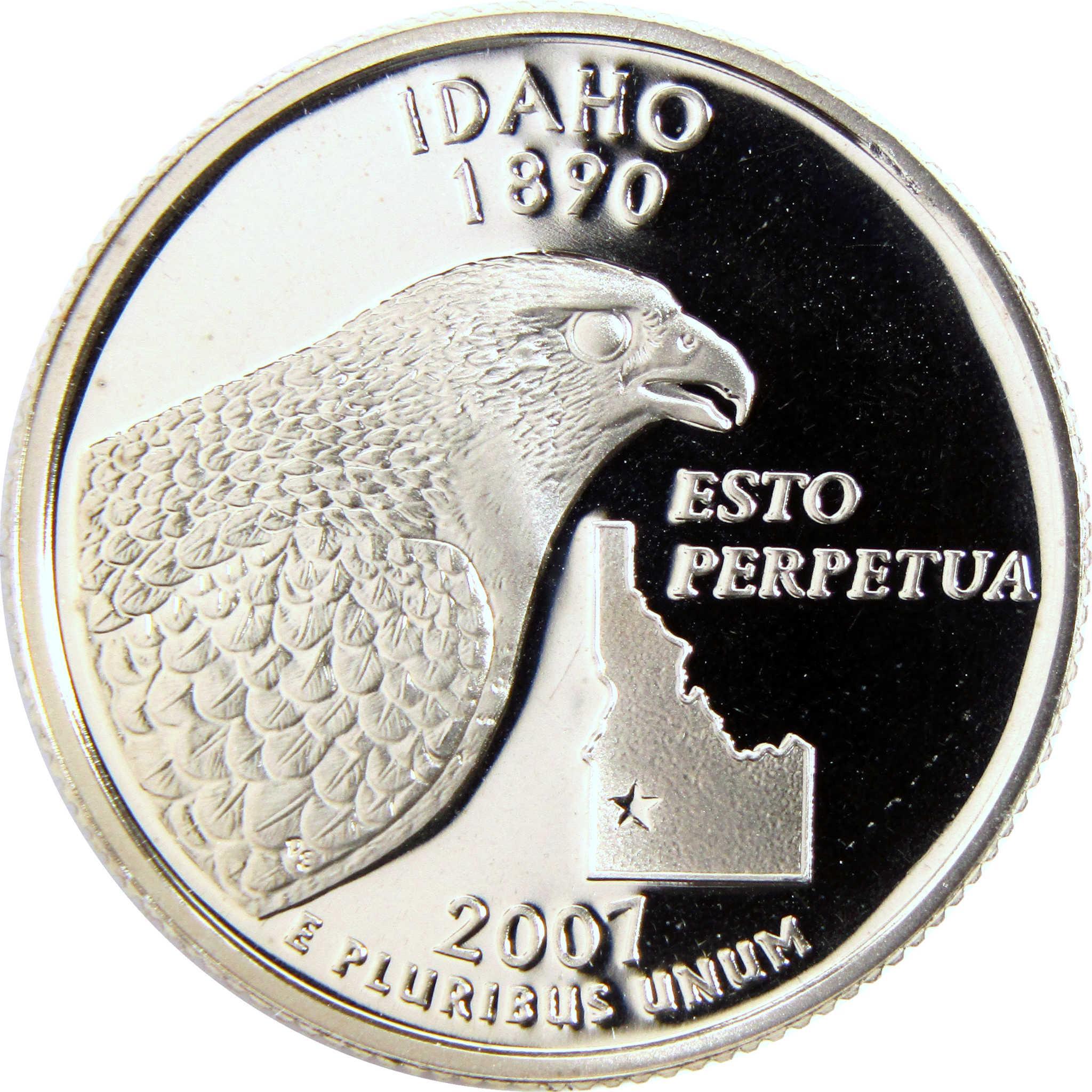 2007 Idaho state quarter featuring a peregrine falcon, state outline, and 'Esto Perpetua' motto.