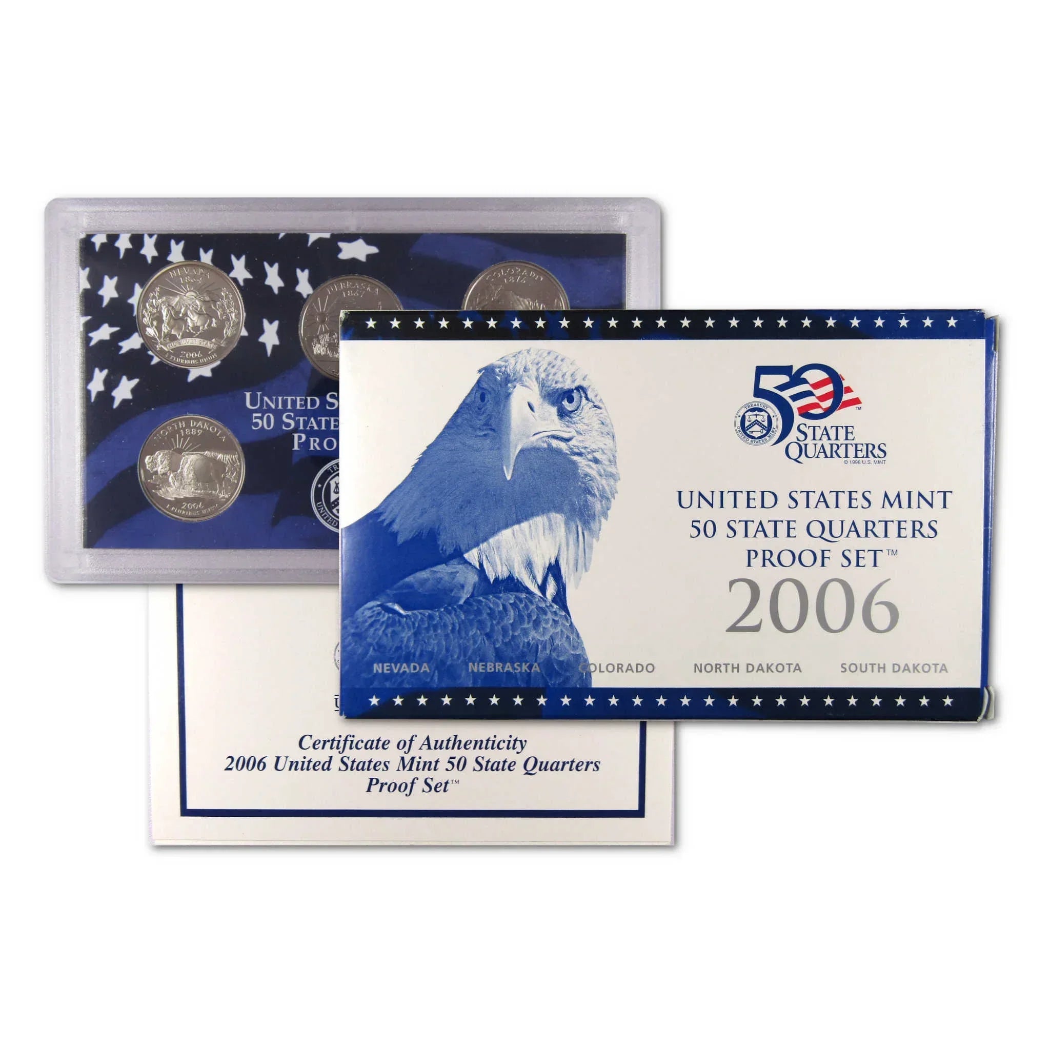2006 United States Mint 50 State Quarters proof set with coins, certificate, and box