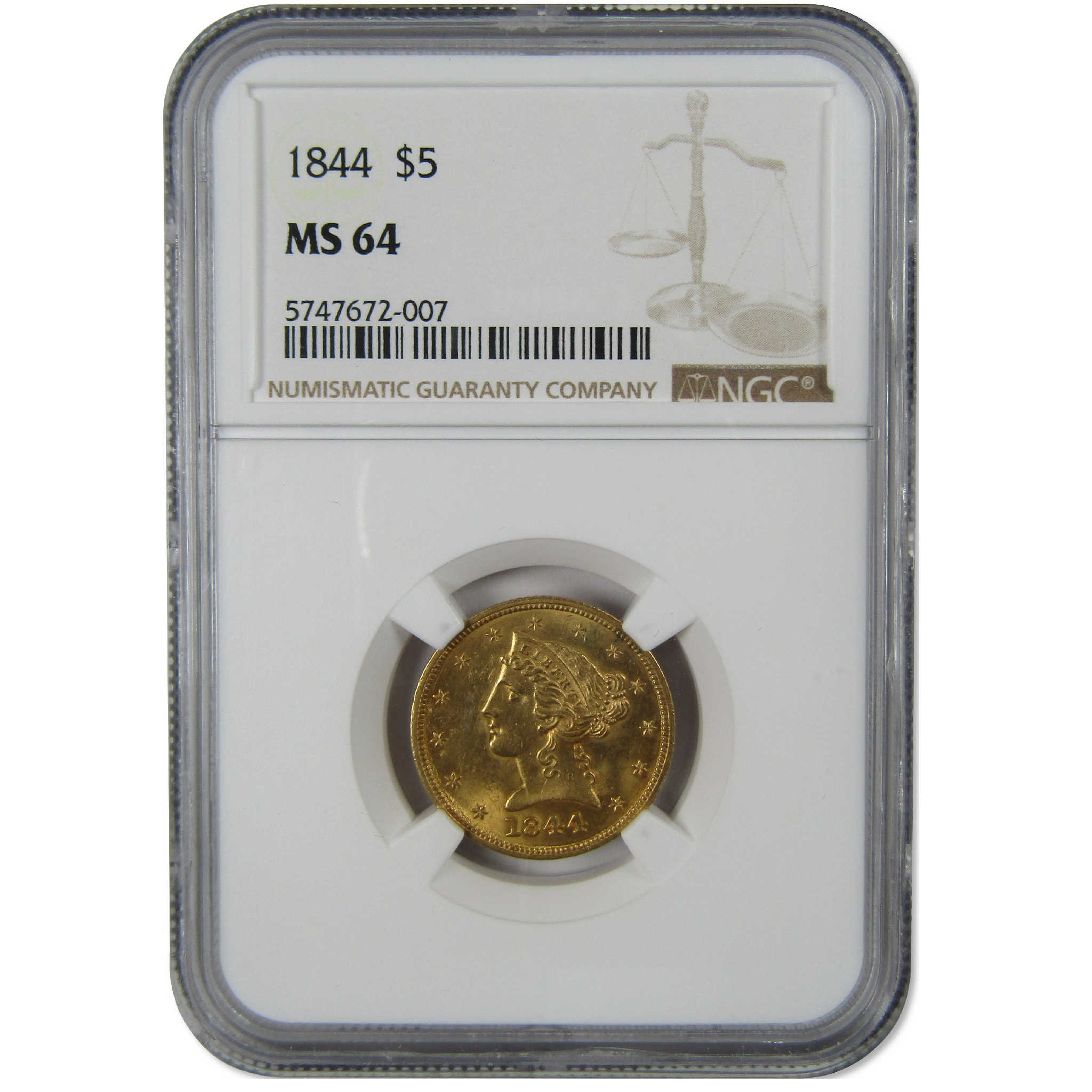 1844 Liberty Head Gold $5 Half Eagle MS 64 NGC Uncirculated Coin