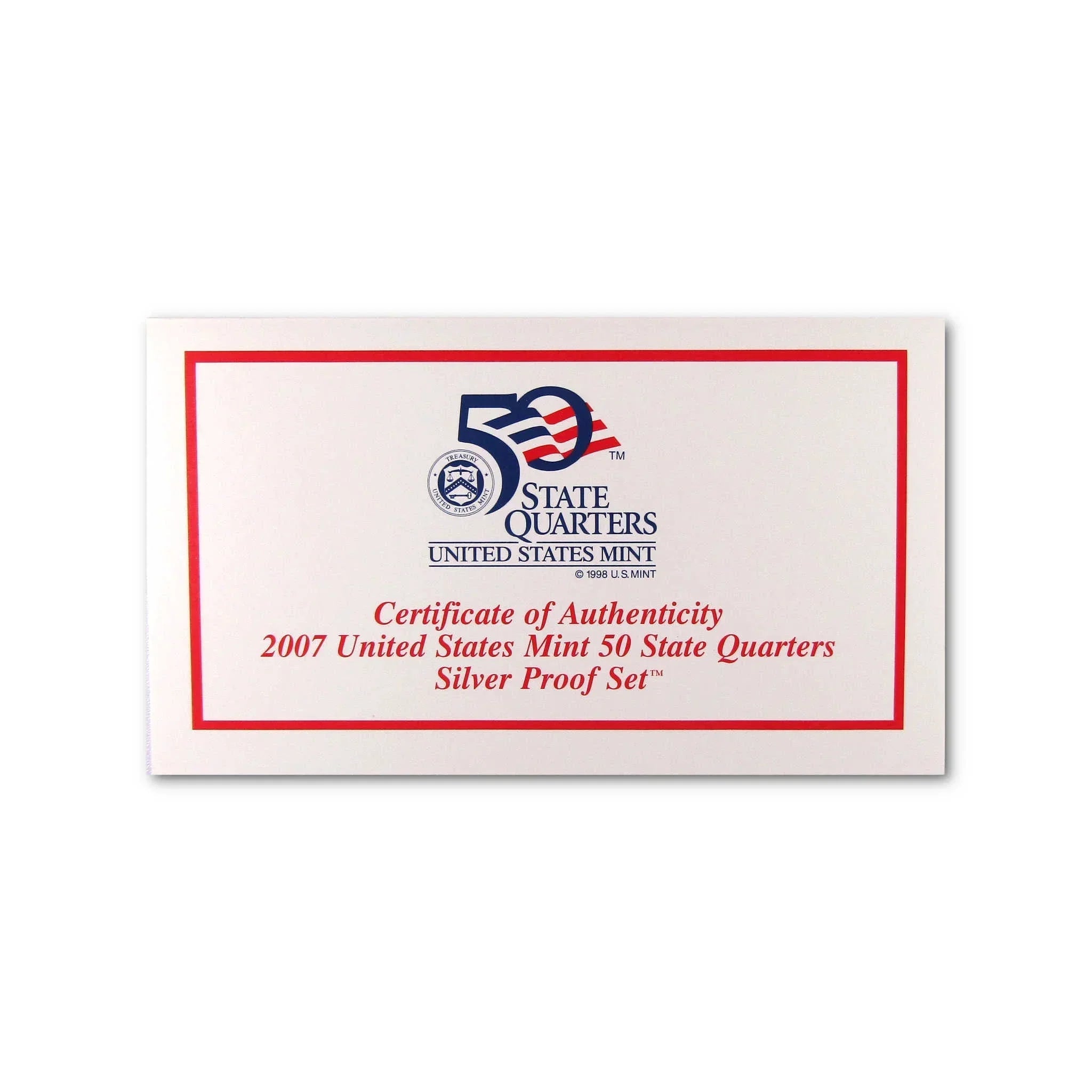 Certificate of authenticity for 2007 US Mint 50 State Quarters silver proof set