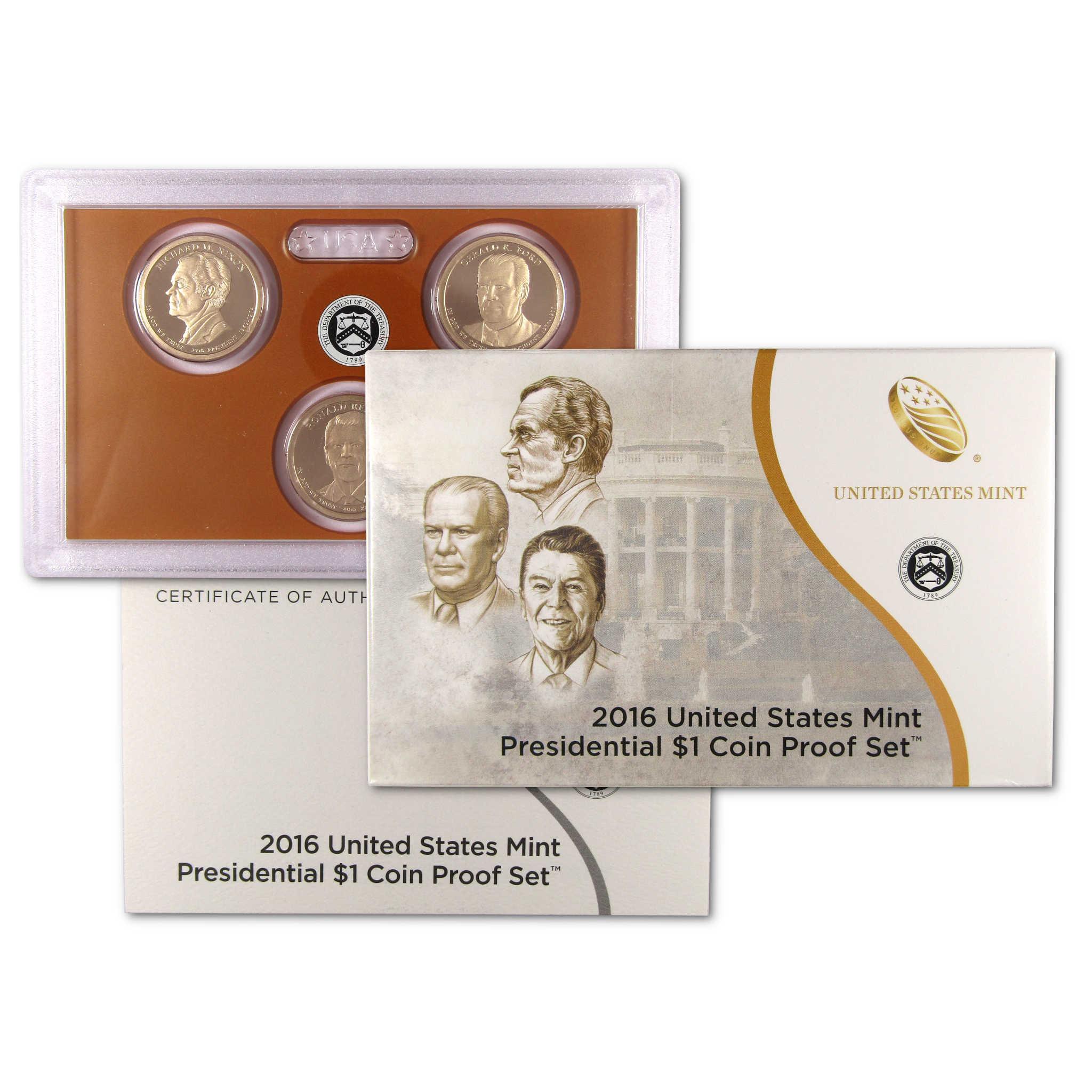 2016 United States Mint Presidential $1 Coin Proof Set with coins and certificate