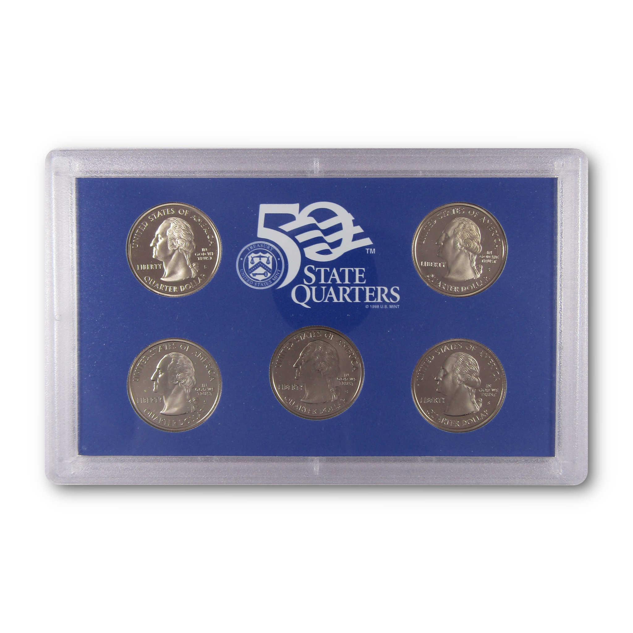 50 State Quarters collectible coin set in blue display case, five quarters visible