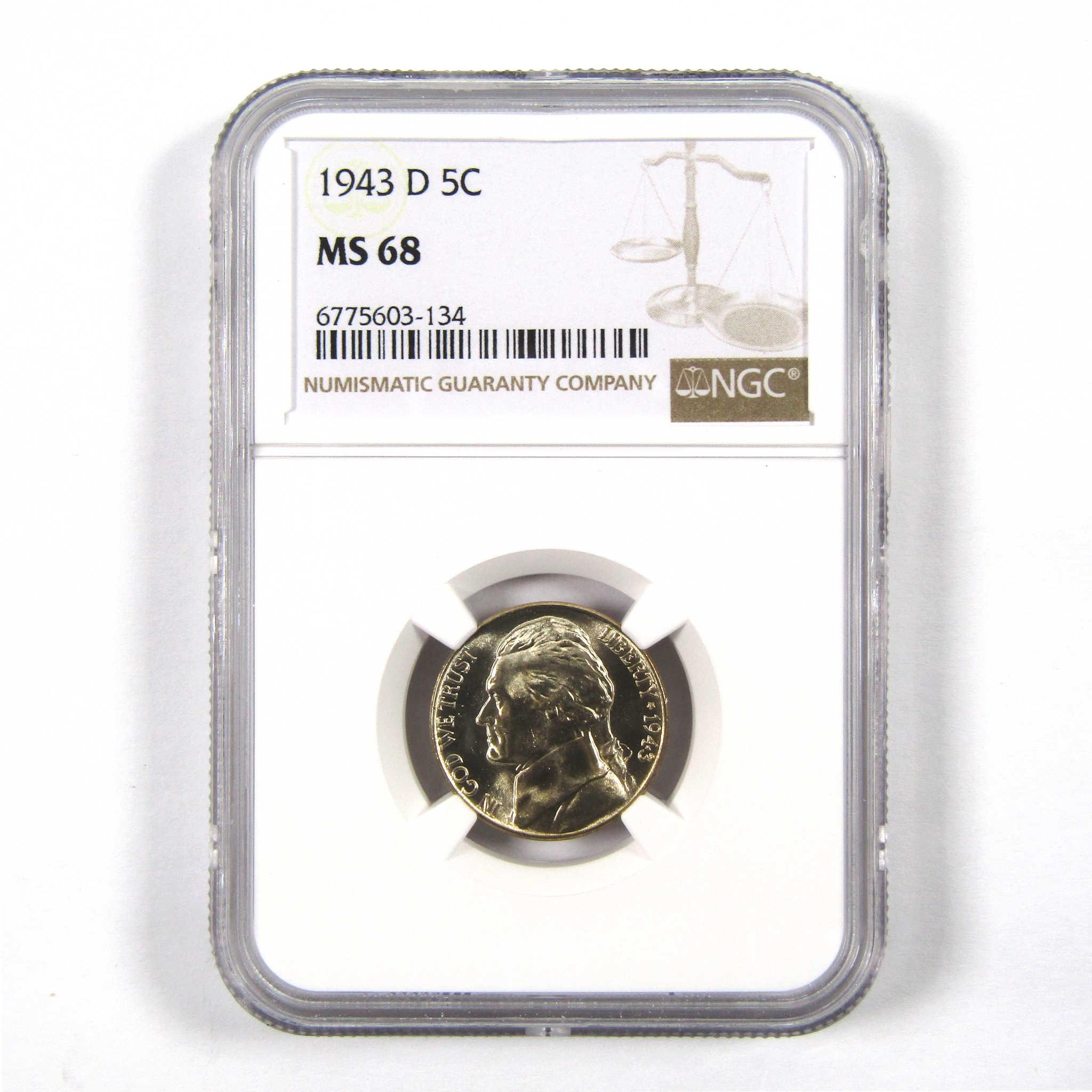 1943 D Jefferson Nickel MS 68 NGC 35% Wartime Silver 5c Unc SKU:I9725