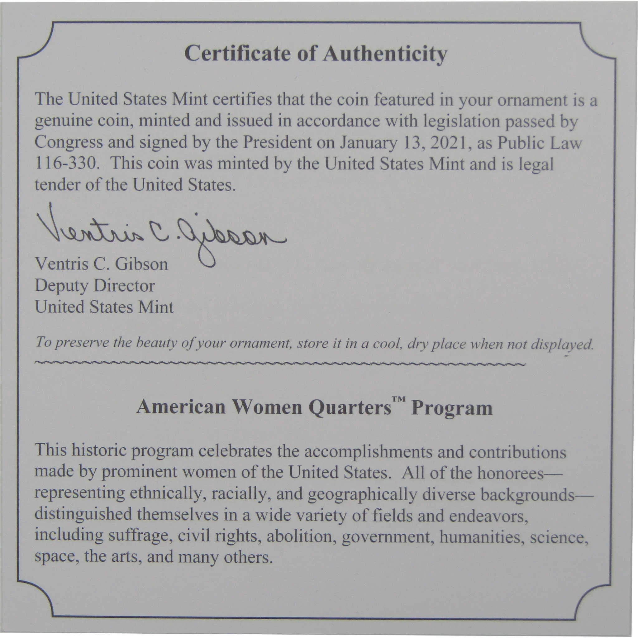 2022 Sally Ride American Women Quarter Christmas Ornament OGP COA