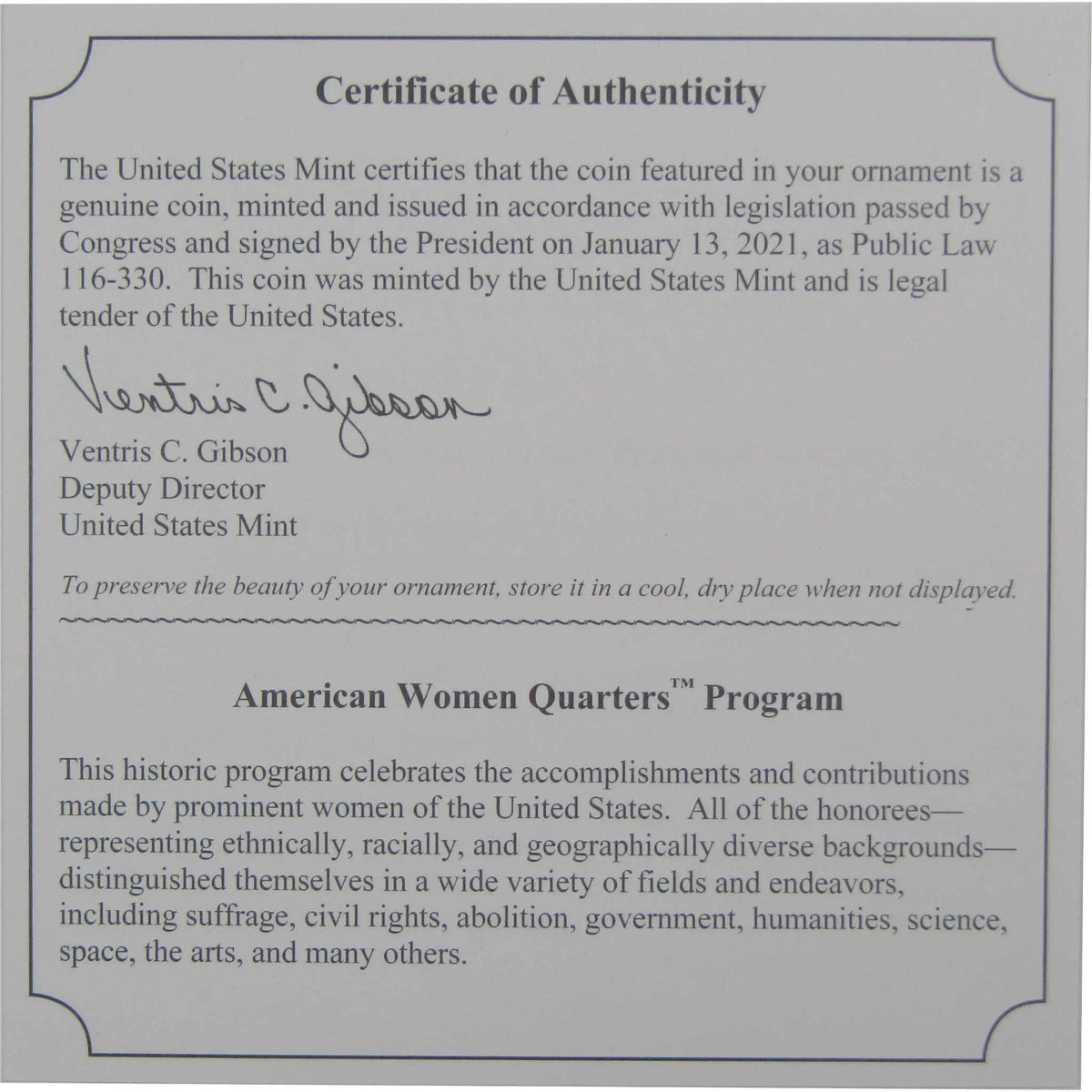 2022 Sally Ride American Women Quarter Christmas Ornament OGP COA