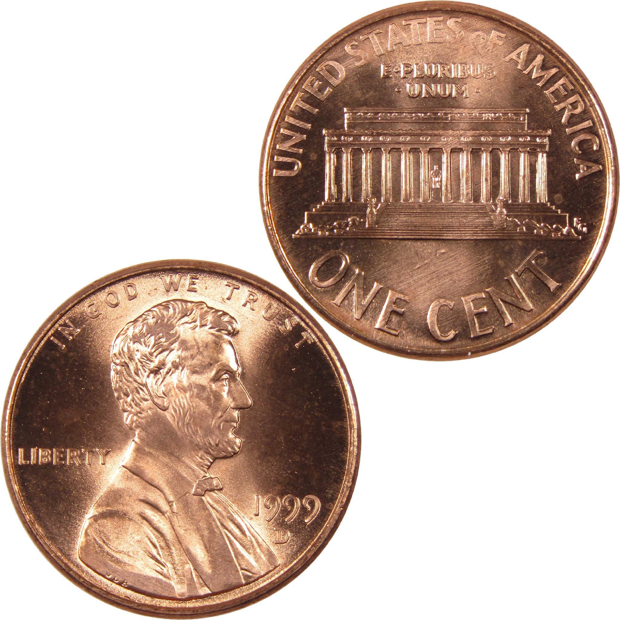 1999 Lincoln cent collectible coin, obverse with Lincoln portrait, reverse with Lincoln Memorial