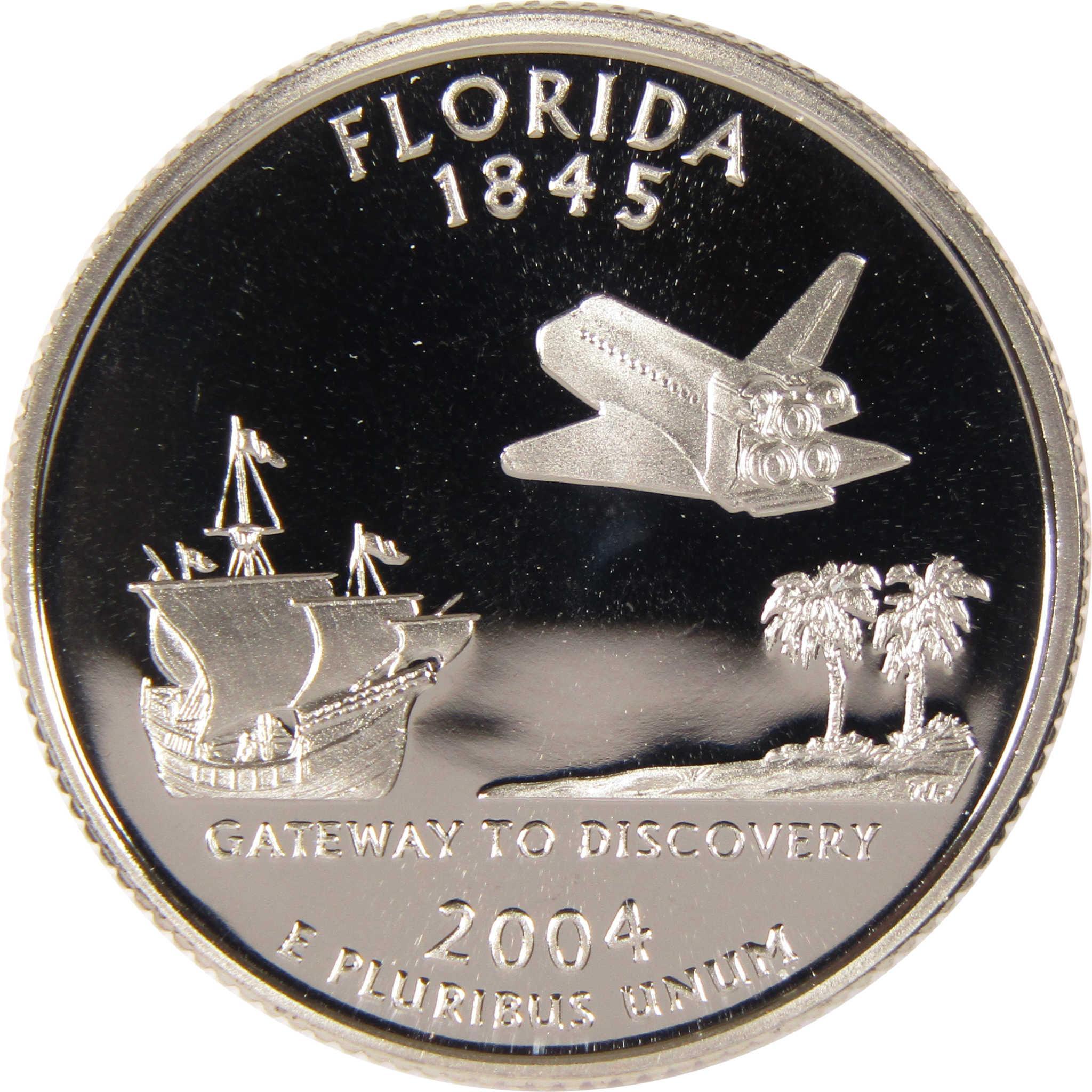 Florida state quarter 2004 collectible coin with space shuttle, ship, and palm trees design