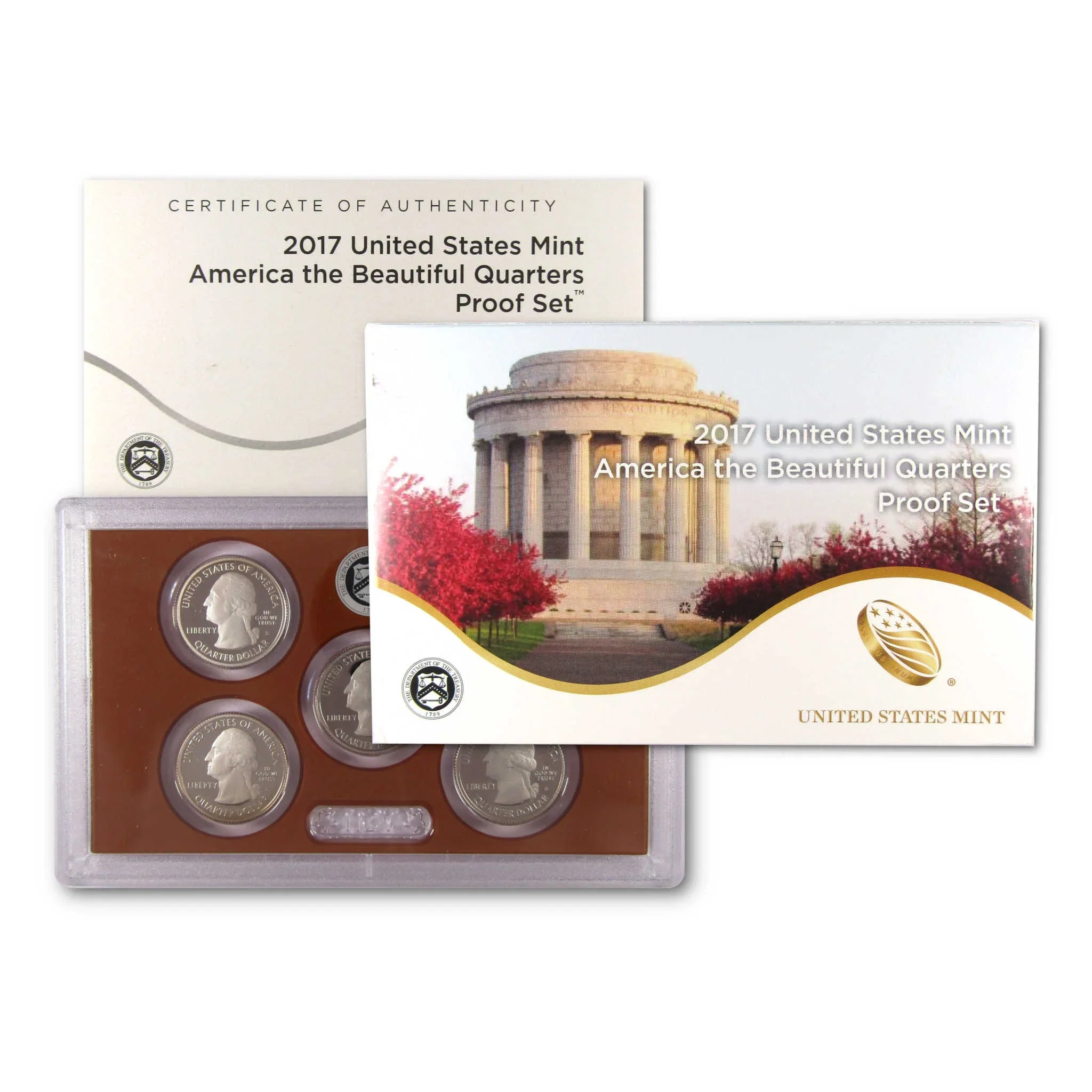 2017 US Mint America the Beautiful Quarters Proof Set with coins, certificate, and packaging.
