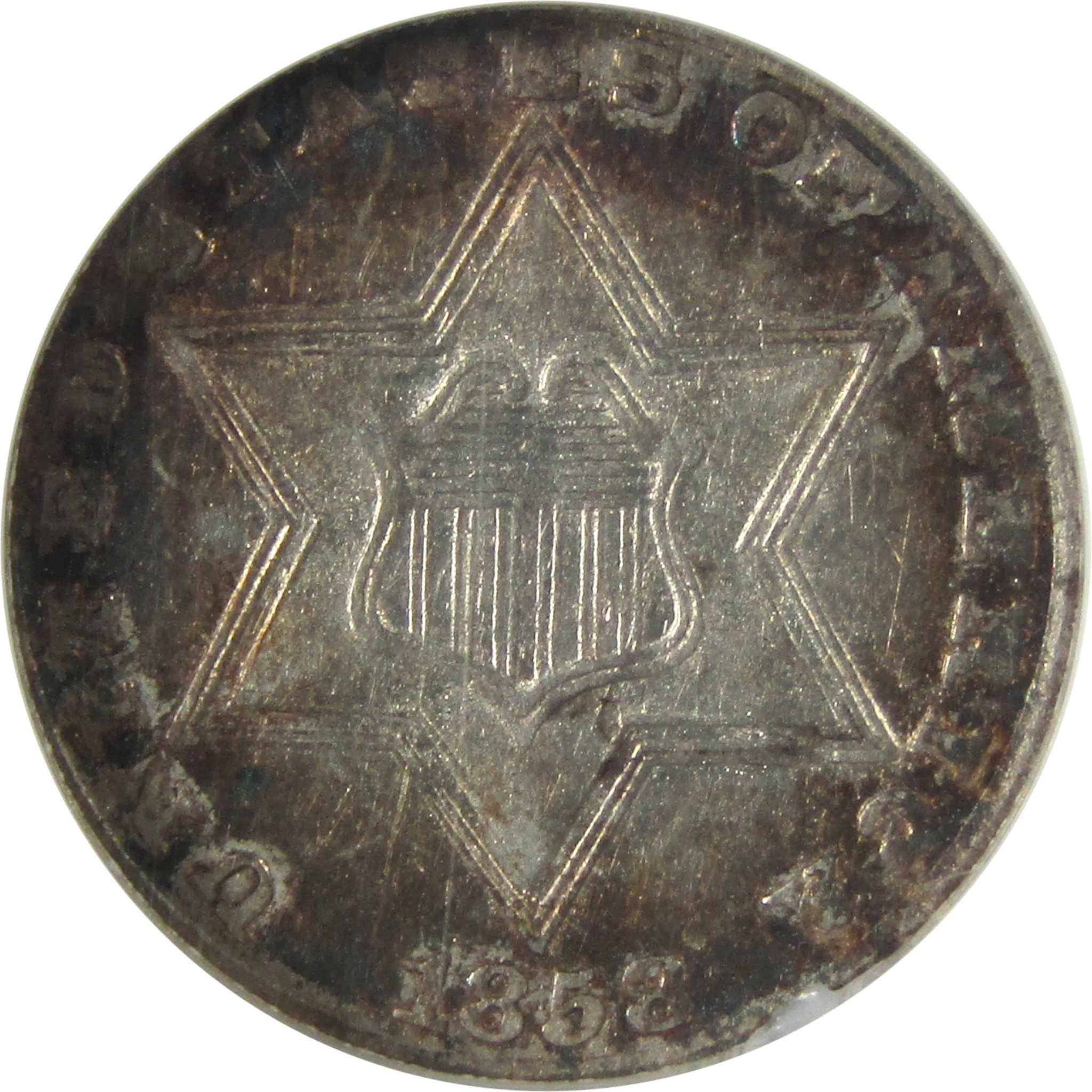 1858 Silver Three Cent Piece AU 55 NGC Trime 3c Coin SKU:I24617
