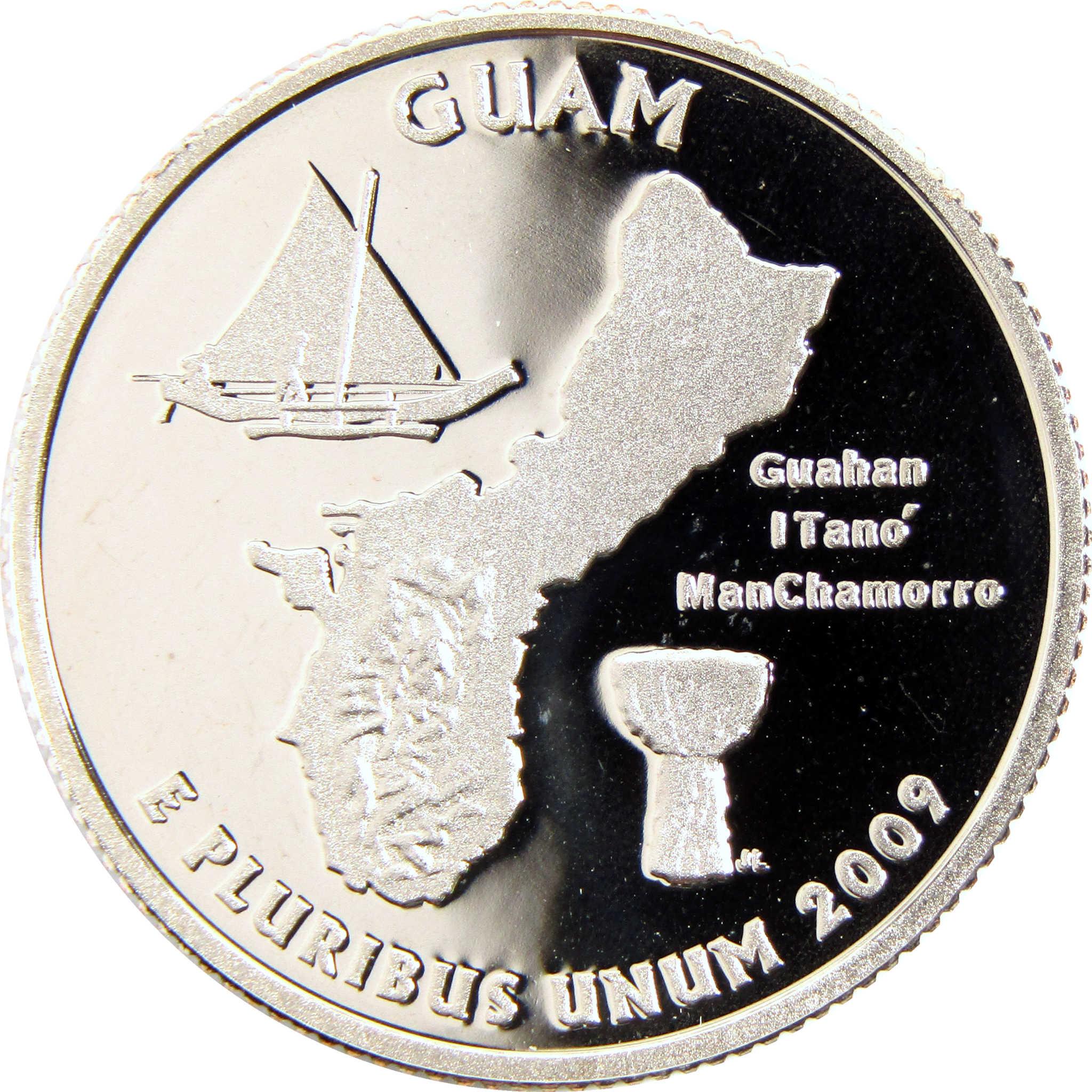 2009 Guam quarter collectible coin with map, sailing canoe, and latte stone design