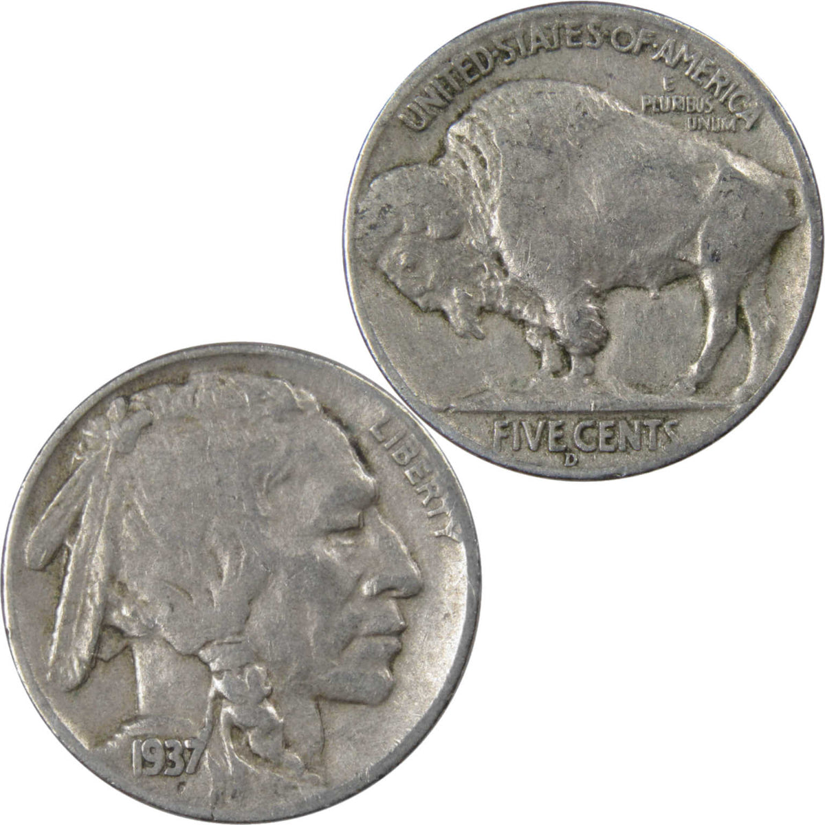 1937 D Indian Head Buffalo Nickel F Fine 5c Coin Collectible