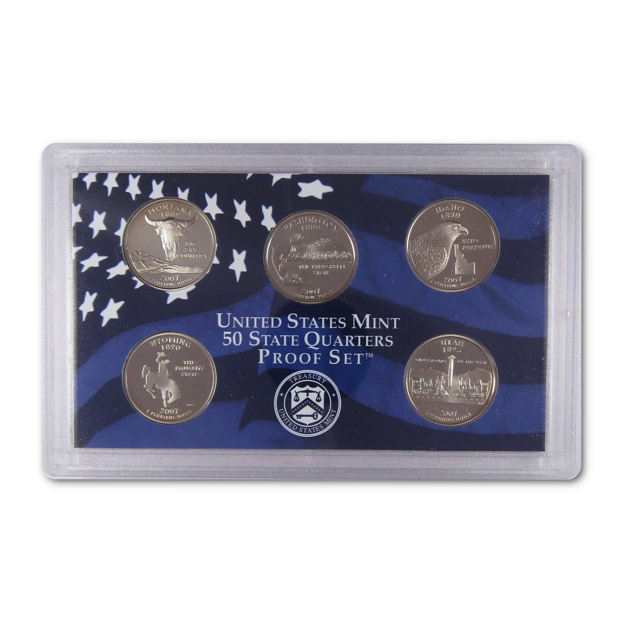 United States Mint 50 State Quarters Proof Set with five collectible coins in display case