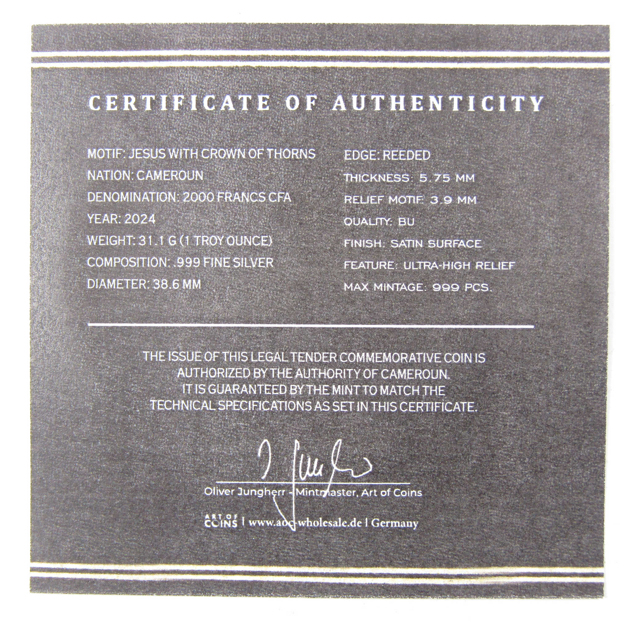 Jesus Crown of Thorns 2000 Franc BU 1 oz .999 Silver 2024 Cameroon COA