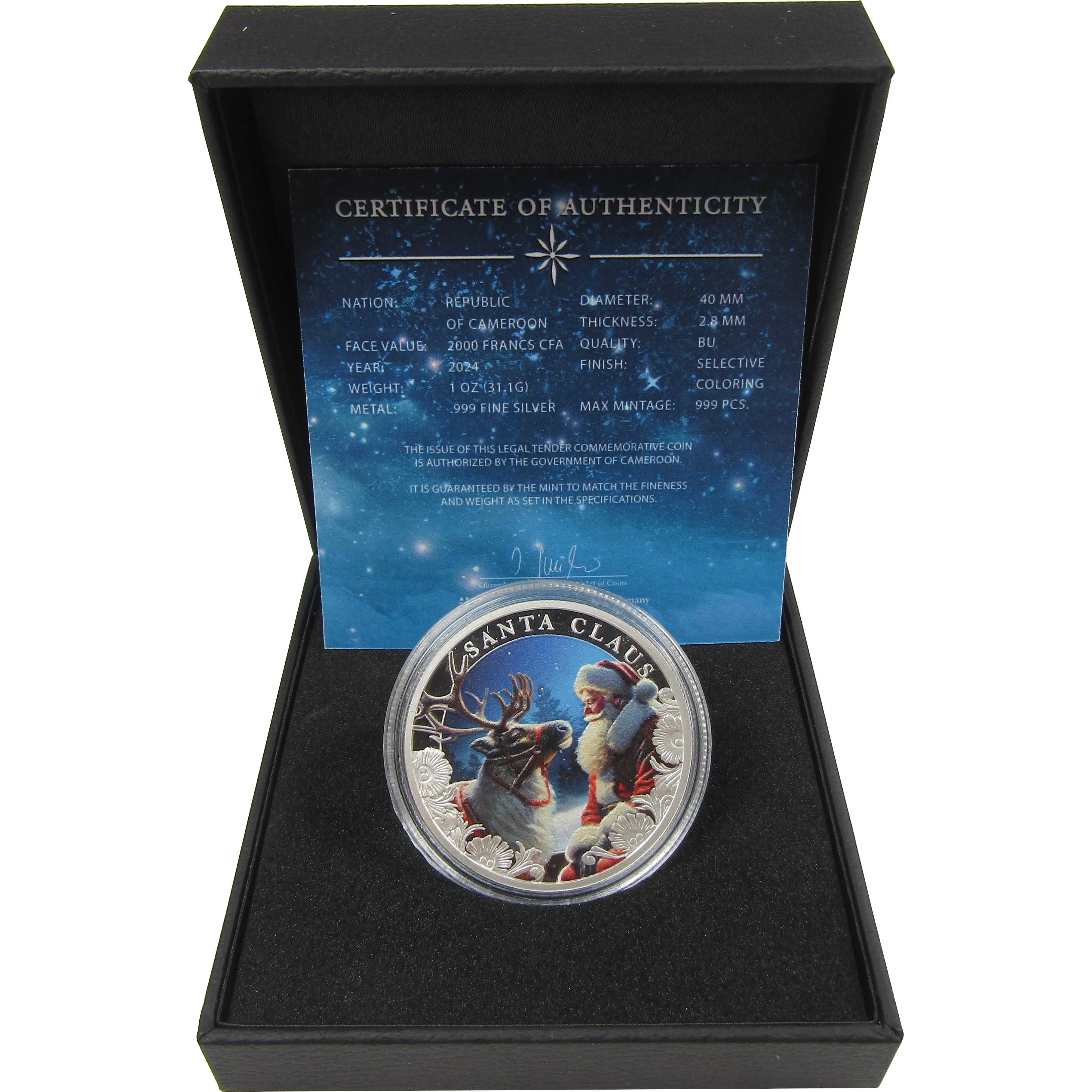 Santa Claus 2000 Franc CFA BU 1 oz .999 Silver Coin 2024 Cameroon COA