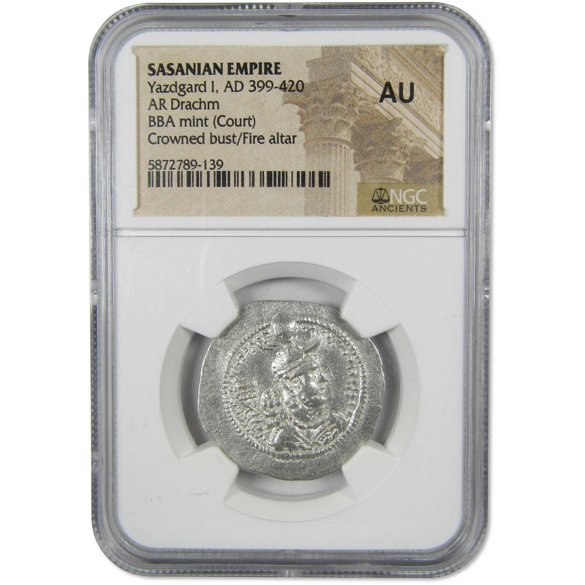 399-420 AD Yazdard I Sasanian Empire Silver Drachm AU NGC Ancient