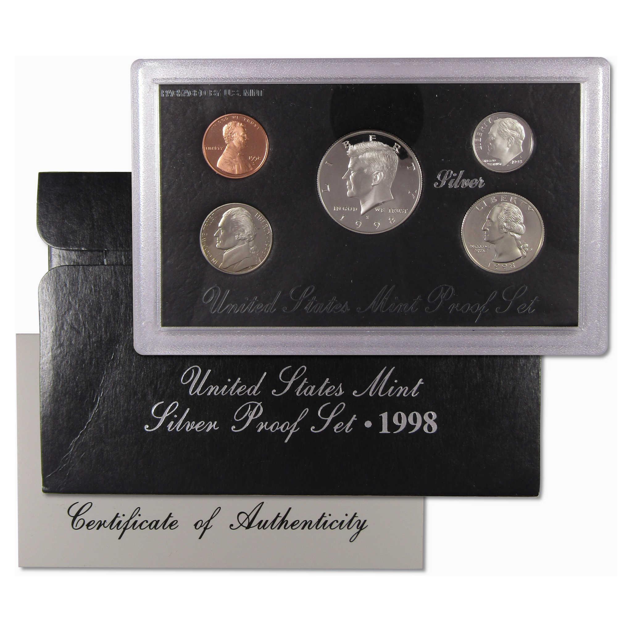 1998 United States Mint Silver Proof Set with collectible coins and certificate of authenticity